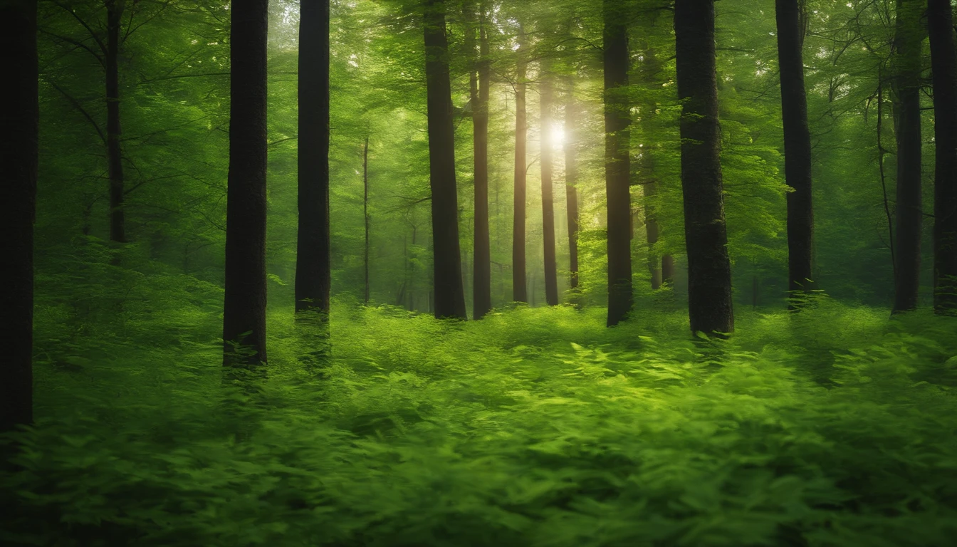 Dense forest, Bright green tree々, hardwood, unmanned, landscape shot, top-quality, ​masterpiece, Realistic, ultra-detailliert, natural soft light