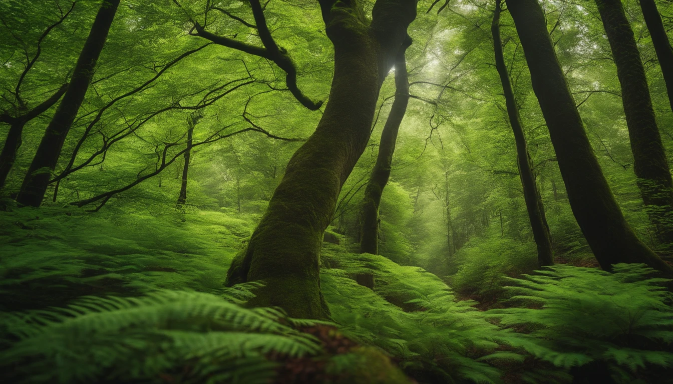 Dense forest, Bright green tree々, hardwood, unmanned, landscape shot, top-quality, ​masterpiece, Realistic, ultra-detailliert, natural soft light