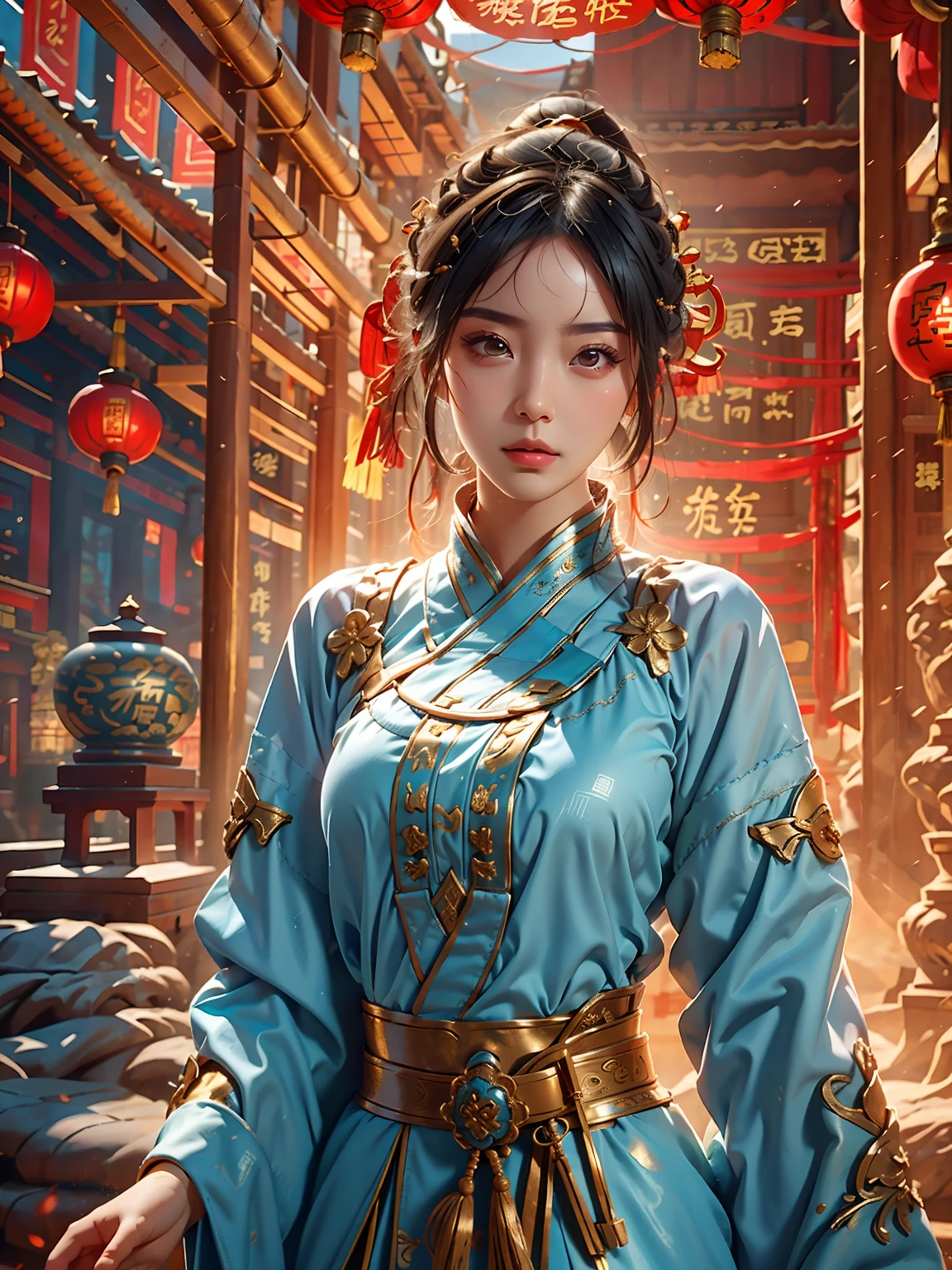 (The best quality), ((Masterpiece)), China, (1girl), solo, Detailed and realistic face, beautiful detailed eyes and lips, long eyelashes, expressive facial features, Ming Dynasty, chinese ancient costume, white and yellow dress, beatiful girl, (full body), detailed dress, jjae, 8k, 4k, UHD, Depth and dimension, the background is a wall with a majestic mosaic patterned with ornaments typical of the Ming dynasty, depth of field, background diffused,