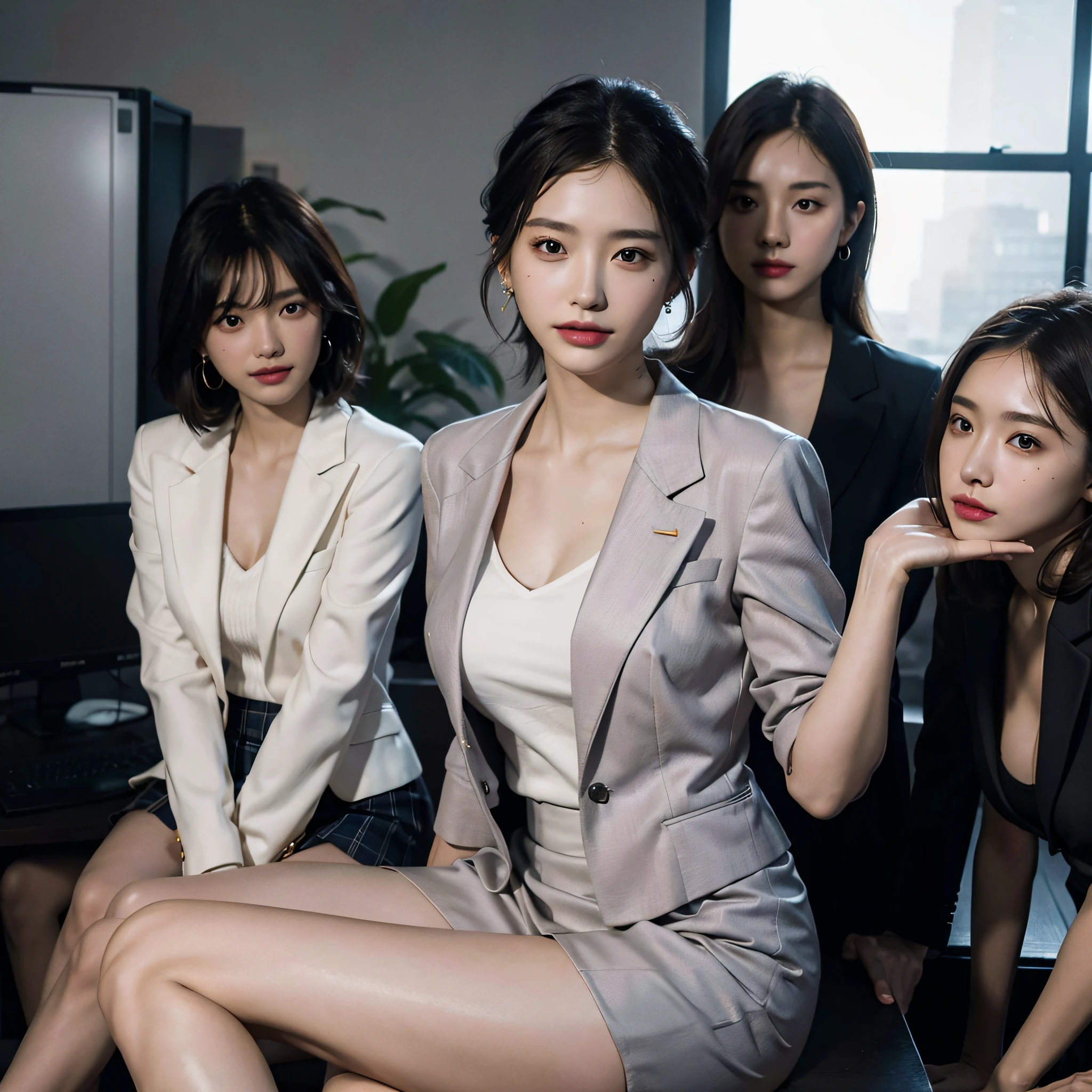 absurdres, RAW photo, extremely delicate and beautiful, masterpiece, Best Quality, ultra high resolution, 16k, hyperrealistic, ultra-detailed, Very detailed CG 8k wallpaper, Beautiful Lighting, Perfect Lightning, Realistic Shadows, perfect anatomy, super Detailed skin, perfect figure, Japanese woman, late 20s, very Slim body, narrow waist, very small head, handsome detailed woman, very detailed eyes and face, realistic face proportions, Stunning detailed eyes, Realistic beautiful face, very small face, Realistic small beautiful eyes, double eyelids, makeup, tearful mole, mole on chest, earring, bare legs, beautiful and very thin legs, beautiful and very thin thighs, (very huge round breasts:1.3), short hair, wavy hair, sweat, full body shot, (3 girls:1.5), (office lady suit:1.3), (skirt suit), (suit jacket), (blouse),
