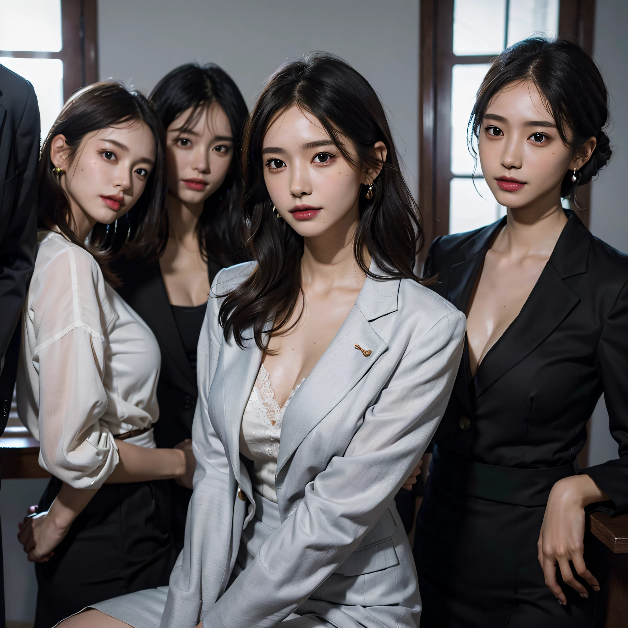 absurdres, RAW photo, extremely delicate and beautiful, masterpiece, Best Quality, ultra high resolution, 16k, hyperrealistic, ultra-detailed, Very detailed CG 8k wallpaper, Beautiful Lighting, Perfect Lightning, Realistic Shadows, perfect anatomy, super Detailed skin, perfect figure, Japanese woman, late 20s, very Slim body, narrow waist, very small head, handsome detailed woman, very detailed eyes and face, realistic face proportions, Stunning detailed eyes, Realistic beautiful face, very small face, Realistic small beautiful eyes, double eyelids, makeup, tearful mole, mole on chest, earring, bare legs, beautiful and very thin legs, beautiful and very thin thighs, (very huge round breasts:1.3), short hair, wavy hair, sweat, full body shot, (3 girls:1.5), (office lady suit:1.3), (skirt suit), (suit jacket), (blouse),