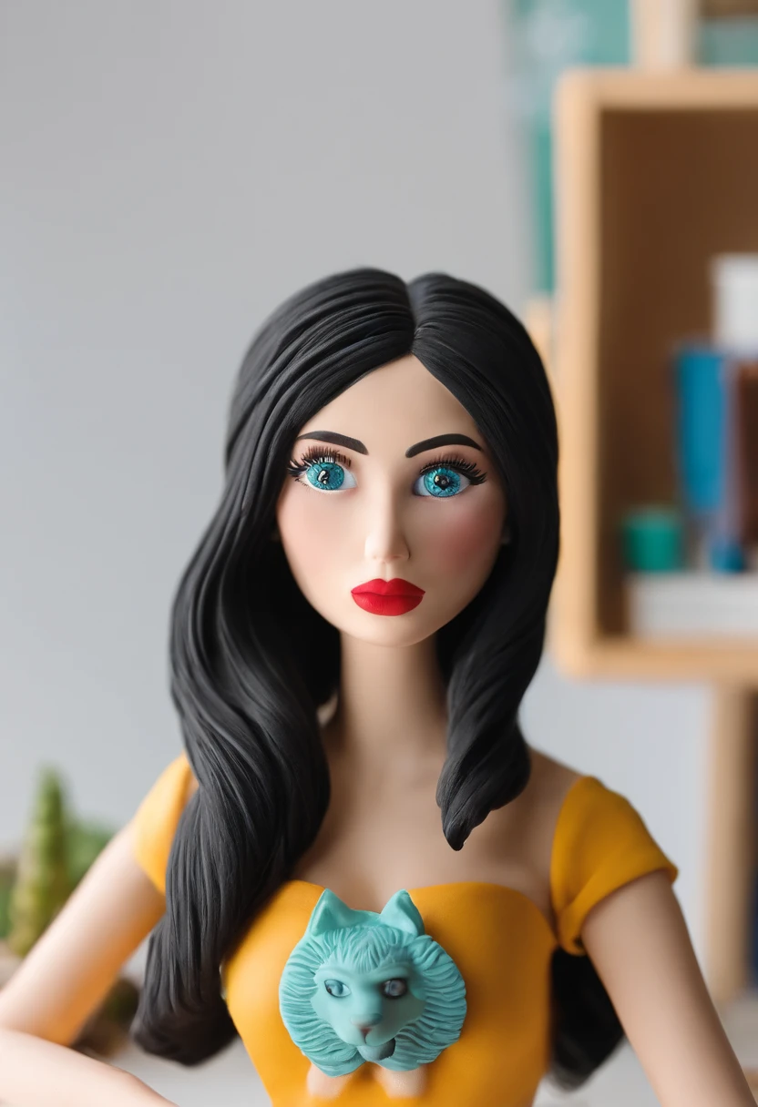 A short beautiful girl with long black hair and eyes. Good lips and diamond faceshape. sittng on disk , looking to camera , giving a educational lecture , profissional outfit