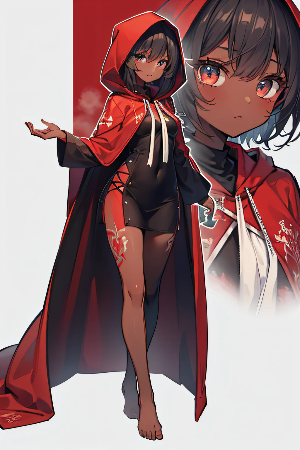 female, 1 girl, short black straight hair, color eyes red, color skin dark skin, short body, (detail: black tattoos all over the body), clothes red hooded cloak with, With short clothes under the red cloak, She walks barefoot,