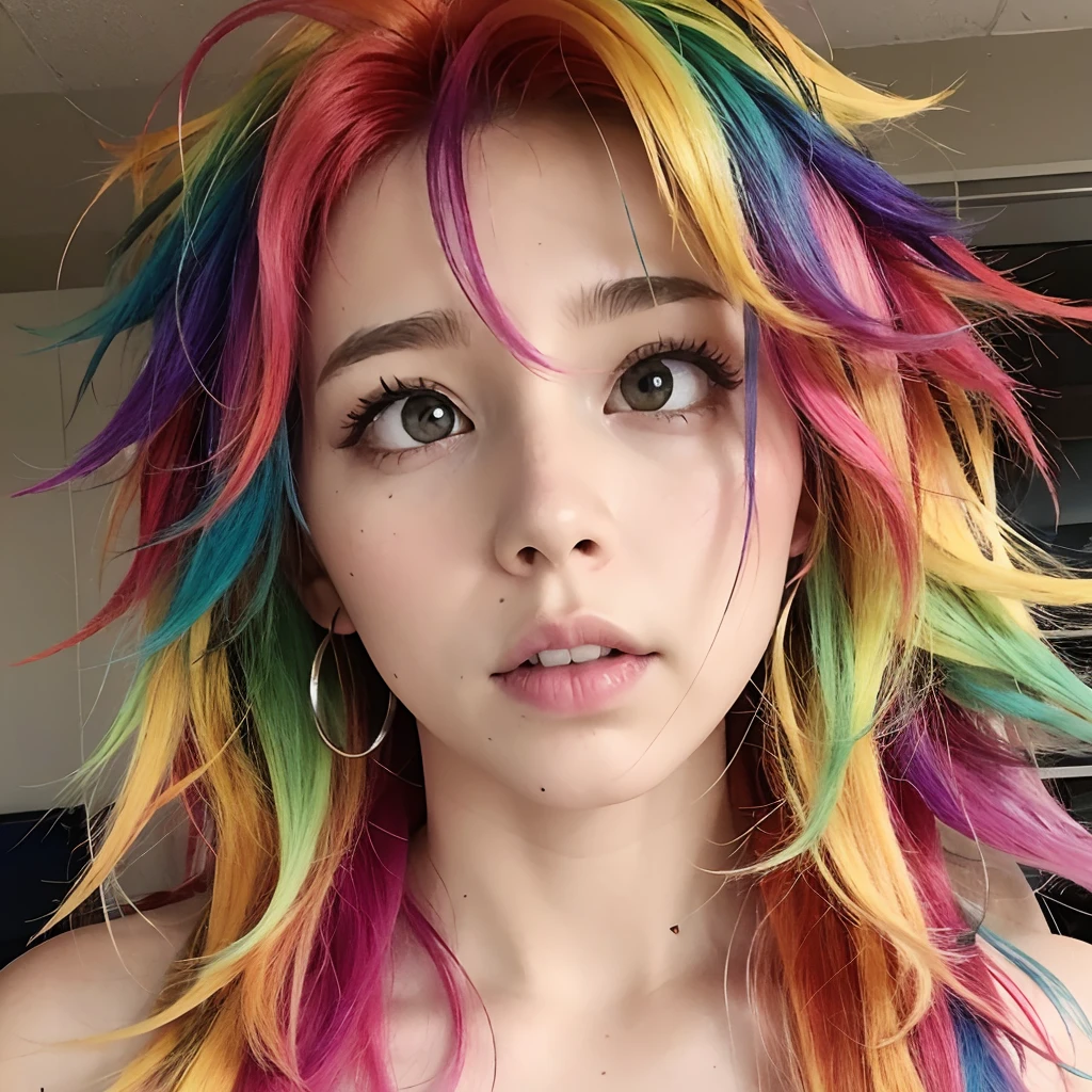 rainbow highlights, woman, front facing, wild messy hair, facing forward, lookong at viewer, bright colors, vivid colors, bright hair, vivid hair