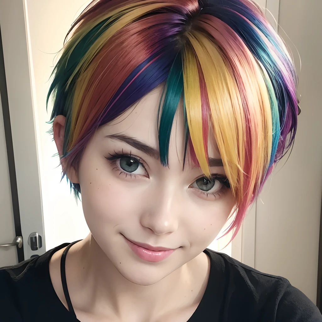 rainbow highlights, woman, front facing, wild messy hair, facing forward, lookong at viewer, bright colors, vivid colors, bright hair, vivid hair, blushing, shy smile, short hair, pixie haircut, rainbow hair