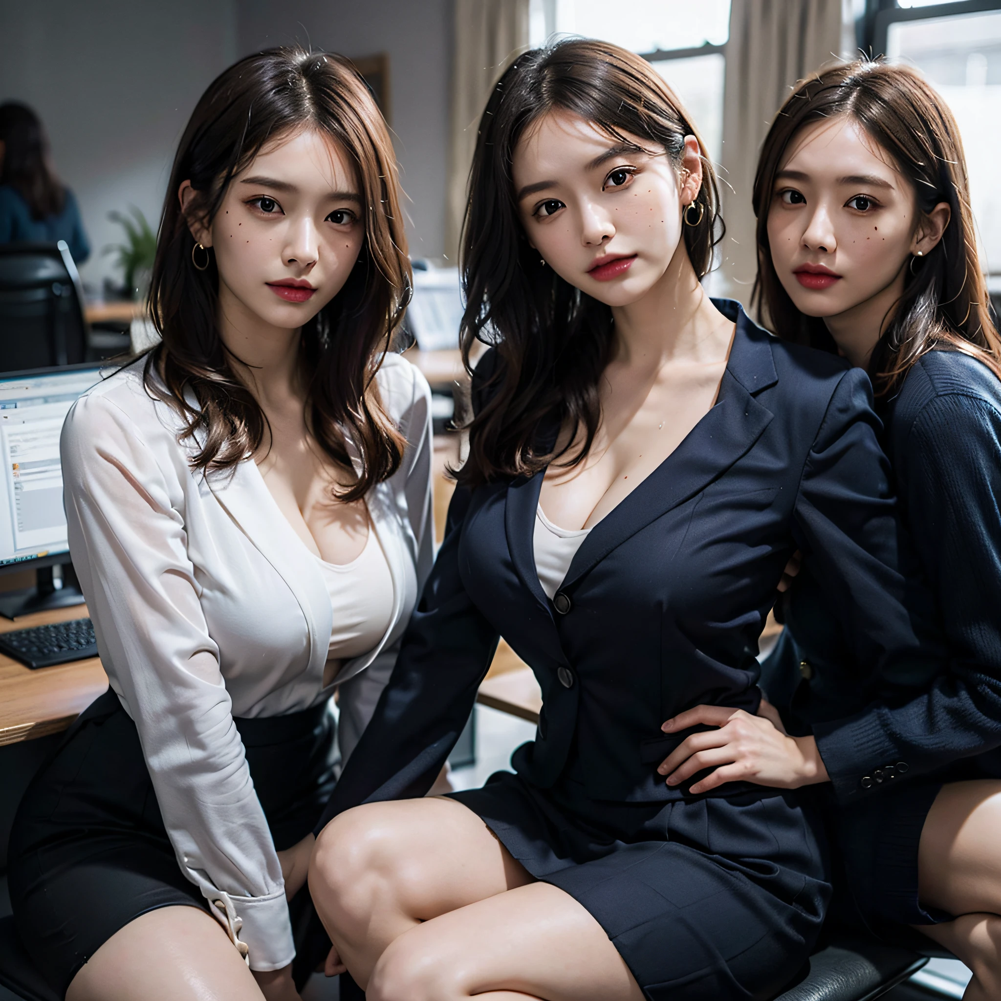 absurdres, RAW photo, extremely delicate and beautiful, masterpiece, Best Quality, ultra high resolution, 16k, hyperrealistic, ultra-detailed, Very detailed CG 8k wallpaper, Beautiful Lighting, Perfect Lightning, Realistic Shadows, perfect anatomy, super Detailed skin, perfect figure, Japanese woman, late 20s, very Slim body, narrow waist, very small head, handsome detailed woman, very detailed eyes and face, realistic face proportions, Stunning detailed eyes, Realistic beautiful face, very small face, Realistic small beautiful eyes, double eyelids, makeup, tearful mole, mole on chest, earring, bare legs, beautiful and very thin legs, beautiful and very thin thighs, (very huge round breasts:1.3), short hair, wavy hair, sweat, full body shot, (3 girls:1.5), (office lady suit:1.3), (skirt suit), (suit jacket), (blouse),