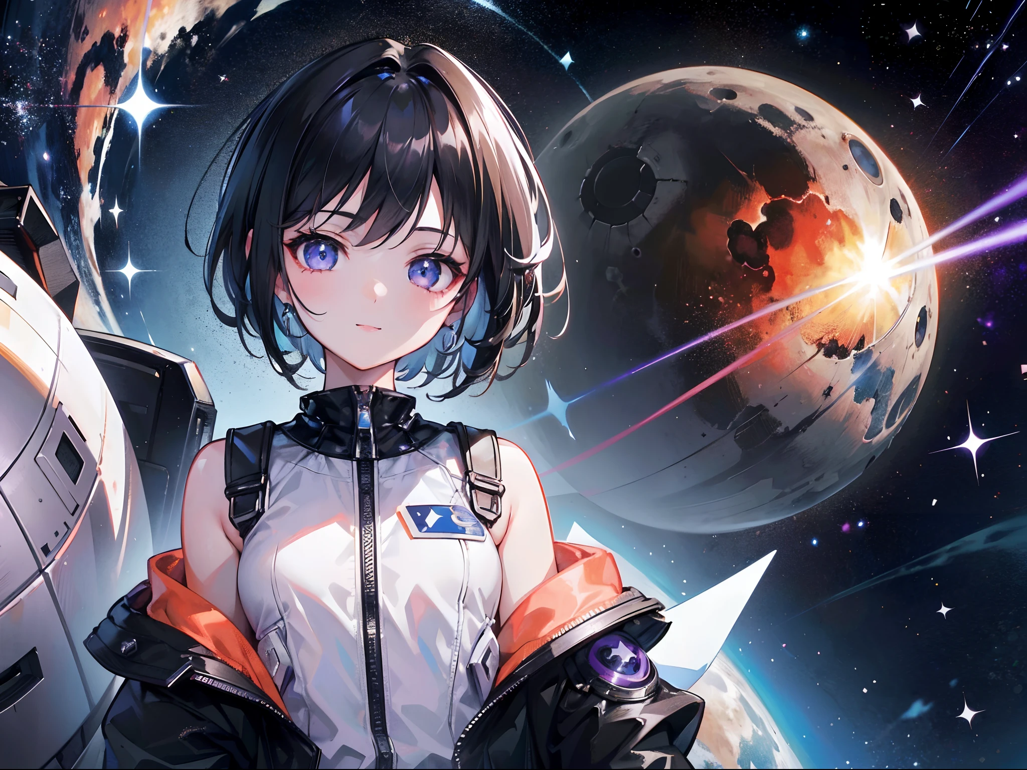 1girl, 1boy, the girl: purble galaxy eyes, black glow short hair like stars, happy expression, white astronaut outfit without helmet, showing hands; the boy: black eyes, black and orange short hair like a black hole, smiling, looking away, black astronaut outfit without helmet; space, planets, absurdres, dynamic, great composition, emotive, beautyful lightning, high res, good anatomy, ultrasharp, 8K, masterpiece, looking at viewer(girl)