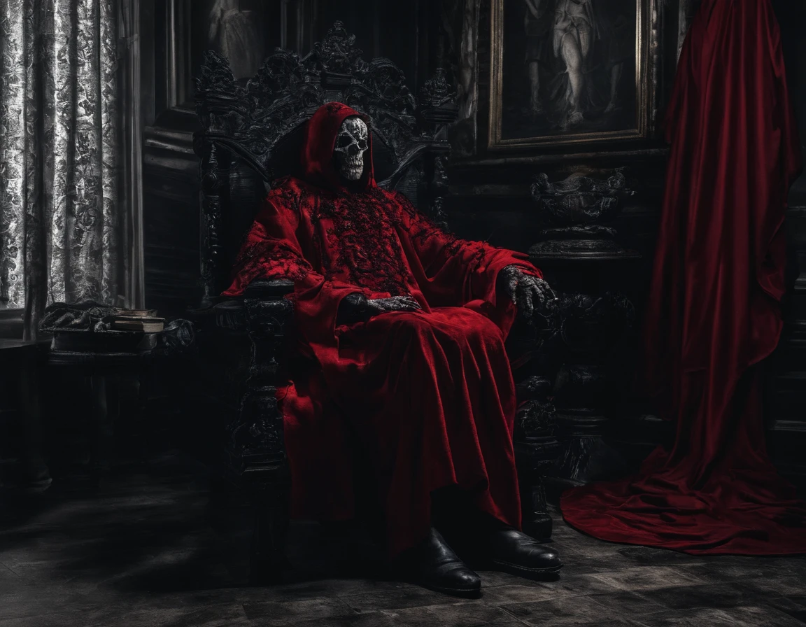 Man covered in red robe sitting on a throne with black tentacles protruding from his feet,HDR10,Nitidez,sharpness,HD,HDR,Darkcolors
