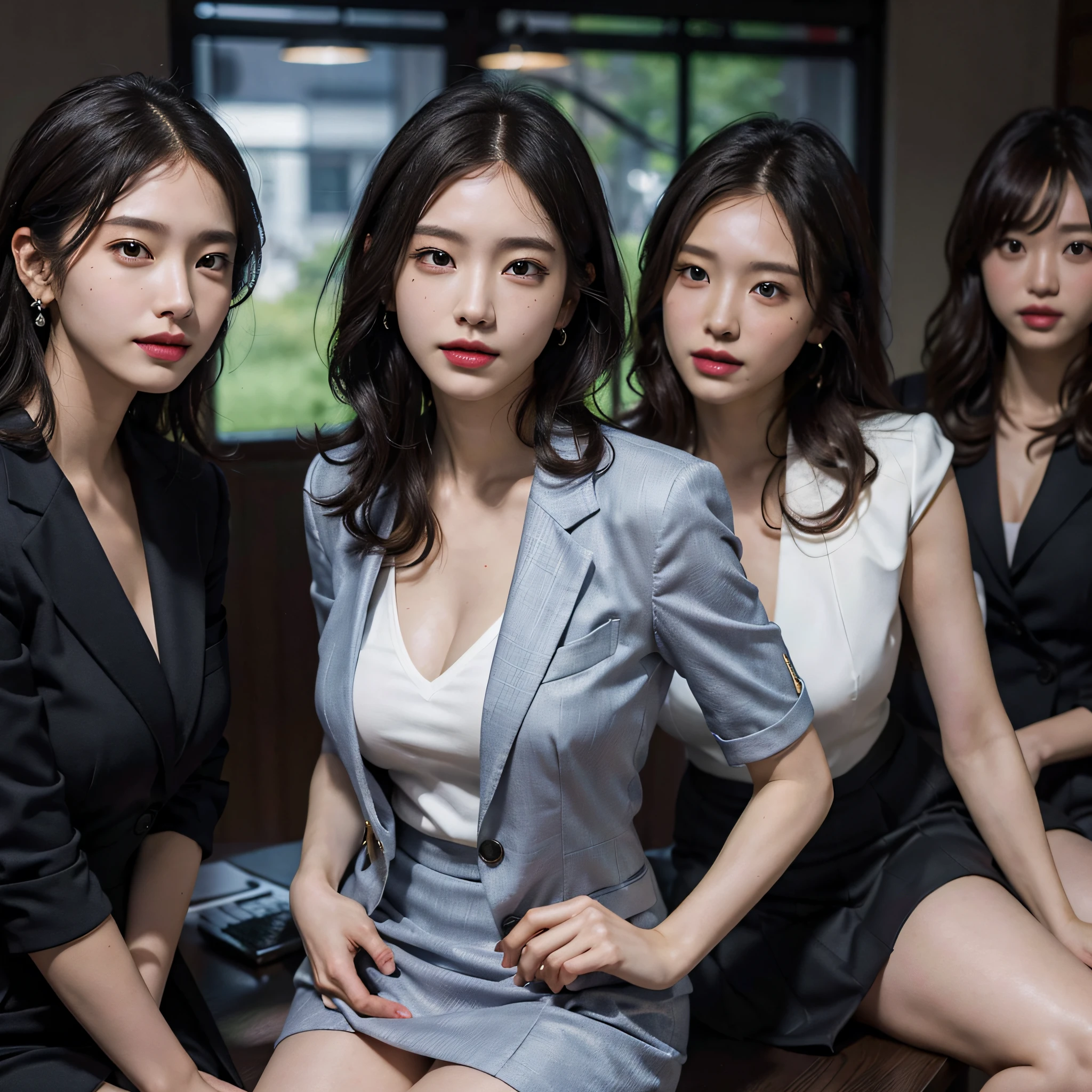 absurdres, RAW photo, extremely delicate and beautiful, masterpiece, Best Quality, ultra high resolution, 16k, hyperrealistic, ultra-detailed, Very detailed CG 8k wallpaper, Beautiful Lighting, Perfect Lightning, Realistic Shadows, perfect anatomy, super Detailed skin, perfect figure, Japanese woman, late 20s, very Slim body, narrow waist, very small head, handsome detailed woman, very detailed eyes and face, realistic face proportions, Stunning detailed eyes, Realistic beautiful face, very small face, Realistic small beautiful eyes, double eyelids, makeup, tearful mole, mole on chest, earring, bare legs, beautiful and very thin legs, beautiful and very thin thighs, (very huge round breasts:1.3), short hair, wavy hair, sweat, full body shot, (3 girls:1.5), (office lady suit:1.3), (skirt suit), (suit jacket), (blouse),