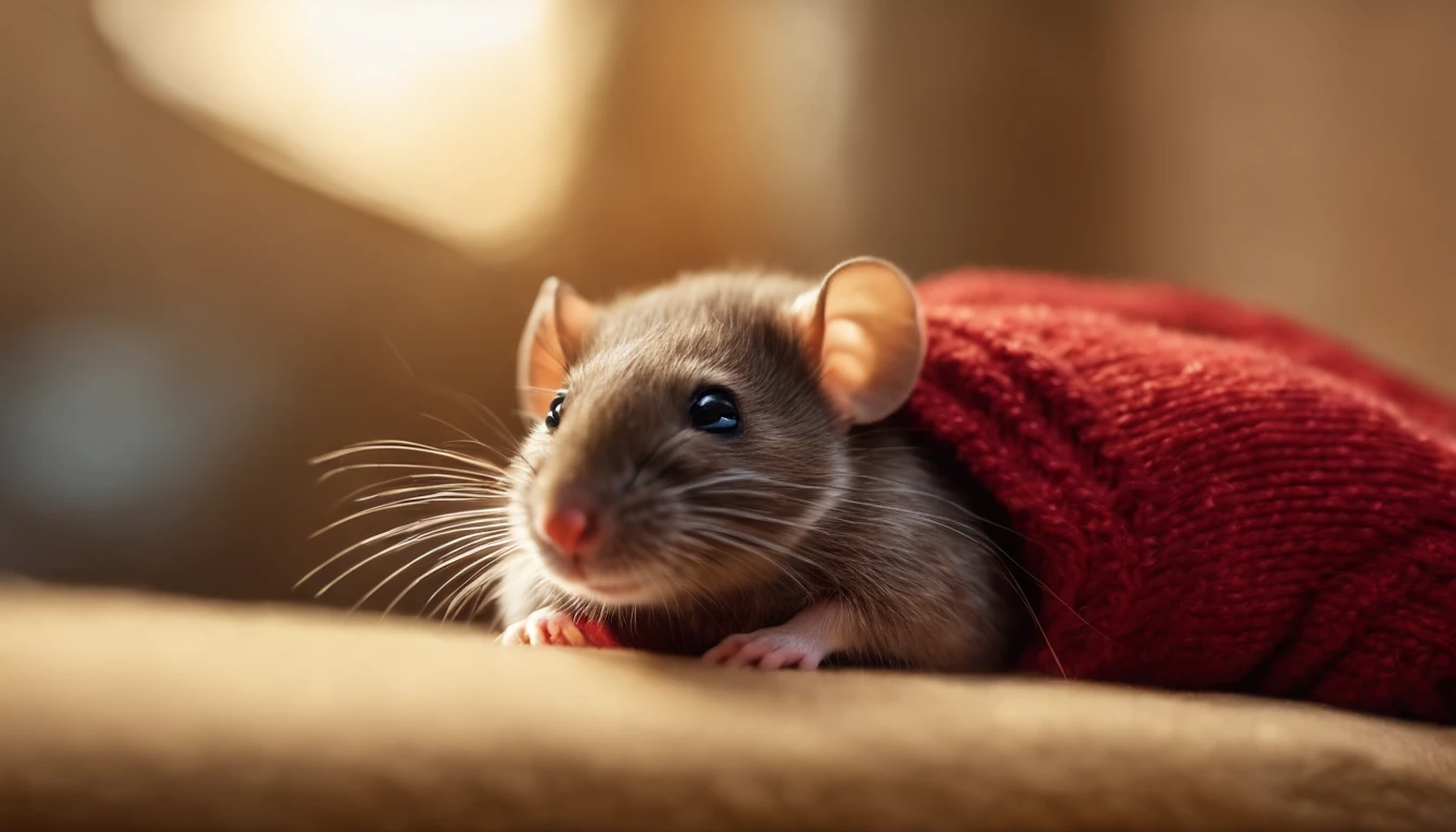 overhead view of a cute mouse wearing a red sweater, laying on it's back, looking at the ceiling and deep in thought