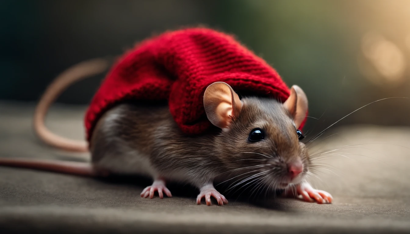 overhead view of a cute mouse wearing a red sweater, laying on it's back, looking at the ceiling and deep in thought