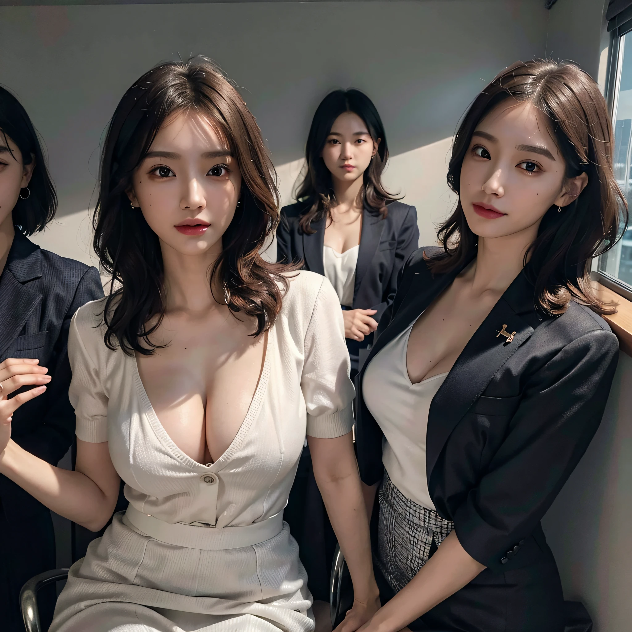 absurdres, RAW photo, extremely delicate and beautiful, masterpiece, Best Quality, ultra high resolution, 16k, hyperrealistic, ultra-detailed, Very detailed CG 8k wallpaper, Beautiful Lighting, Perfect Lightning, Realistic Shadows, perfect anatomy, super Detailed skin, perfect figure, Japanese woman, late 20s, very Slim body, narrow waist, very small head, handsome detailed woman, very detailed eyes and face, realistic face proportions, Stunning detailed eyes, Realistic beautiful face, very small face, Realistic small beautiful eyes, double eyelids, makeup, tearful mole, mole on chest, earring, bare legs, beautiful and very thin legs, beautiful and very thin thighs, (very huge round breasts:1.3), short hair, wavy hair, sweat, full body shot, (3 girls:1.5), (office lady suit:1.3), (skirt suit), (suit jacket), (blouse),
