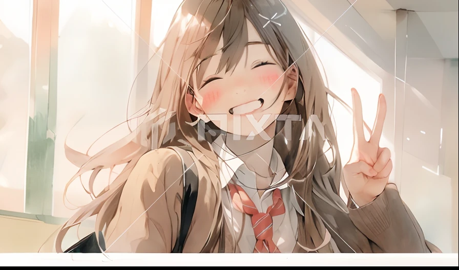 Anime girl with long hair and tie showing peace sign, ( ( By Shinkai Makoto ) ), Happy expression, exciting illustration, By Shinkai Makoto!!, Smiling expression, Portrait Anime Girl, style of makoto shinkai, By Shinkai Makoto!, portrait of cute anime girlbabes, Anime Girl with Long Hair, portrait of cute anime girlbabes, (Anime Girl)