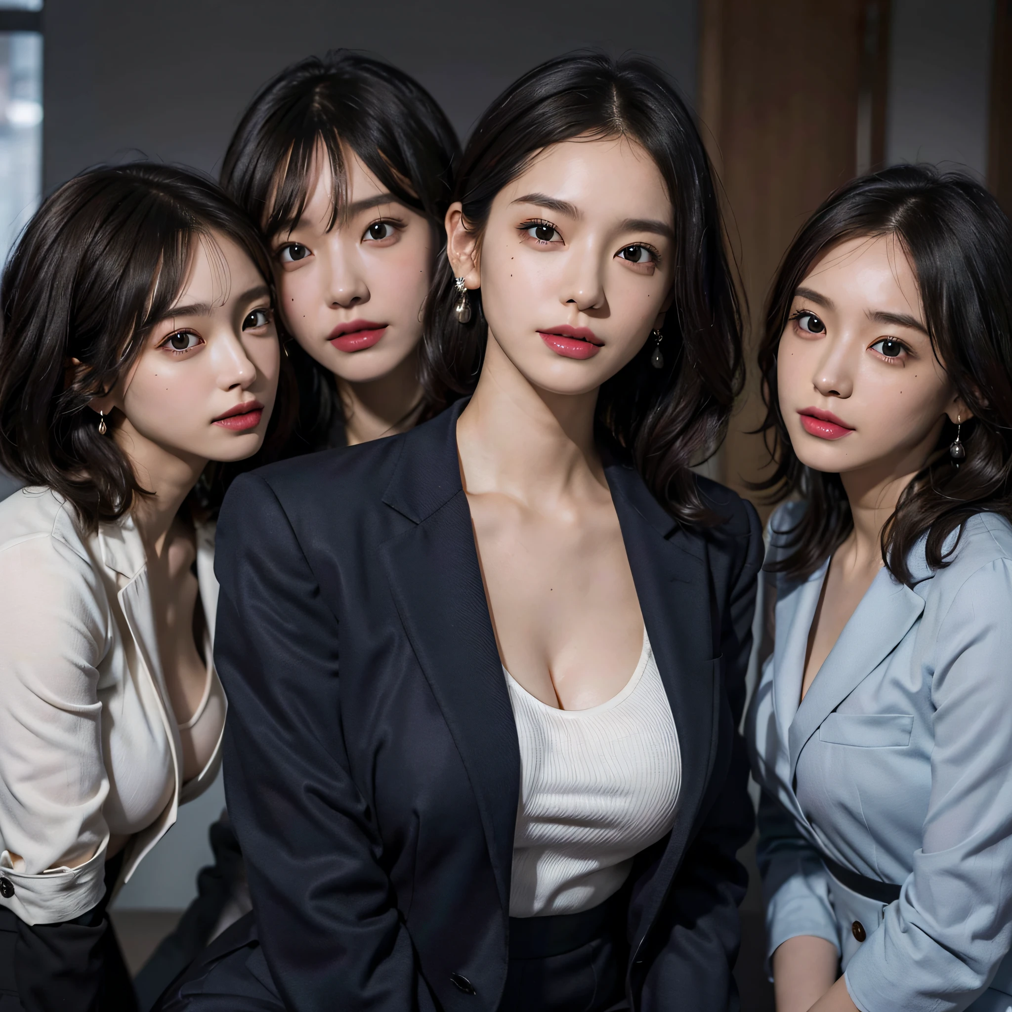 RAW photo, Extremely delicate and beautiful, Masterpiece, Best quality, 超高分辨率, 16k, Hyperrealistic, Ultra-detailed, Very detailed CG 8k wallpaper, Beautiful lighting, Perfect lightning, Realistic shadows, Perfect anatomy, Super detailed skin, Perfect figure, Japanese woman, in her 20s, Very slim body, Narrow waist, Very small head, handsome detailed woman, Very detailed eyes and face, Realistic face proportions, Stunning detailed eyes, Realistic beautiful face, Very small face, Realistic little beautiful eyes, Double eyelids, Makeup, tearful mole, mole on chest, earring, Bare legs, Beautiful and very thin legs, Beautiful and very thin thighs, (very large round breasts:1.3), Short hair, Wavy hair, Sweat, (3 girls:1.5), (office lady suit:1.3), (skirt suit), (blazer jacket), (blouse),