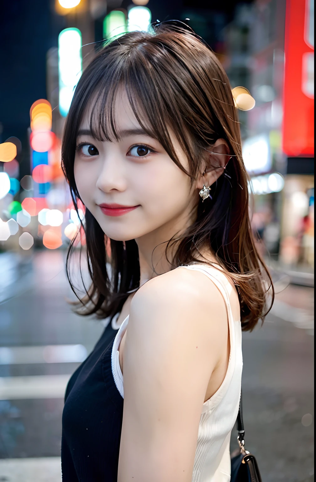 Tabletop, Highest quality, shape, Very detailed, finely, High resolution, 8k wallpaper, 完璧なダイナミックな構shape, finelyて美しい目, one piece,Medium Hair,Natural color lip, smile,21 years old、cute、Looking into the camera、F Cup、Brown Hair、Blurred night New York background,Earrings,(Pinkal),Model pose,
