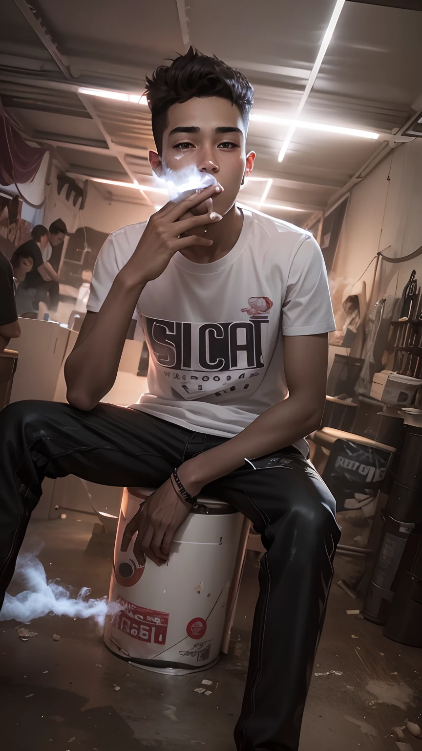 Create a Realistic Placement on the Wingbake chair jacket with the words “MINGKAK” smoking a cigarette creating a 3D image of a ager wearing black smoke that artistically forms a name