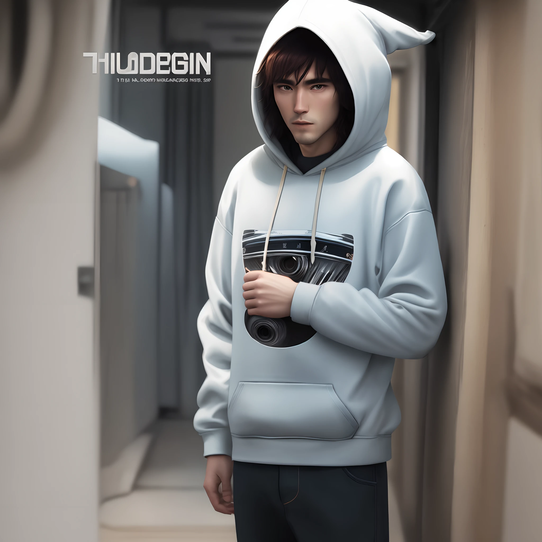Draw a design of a title called “the hoodie man” in old film colors