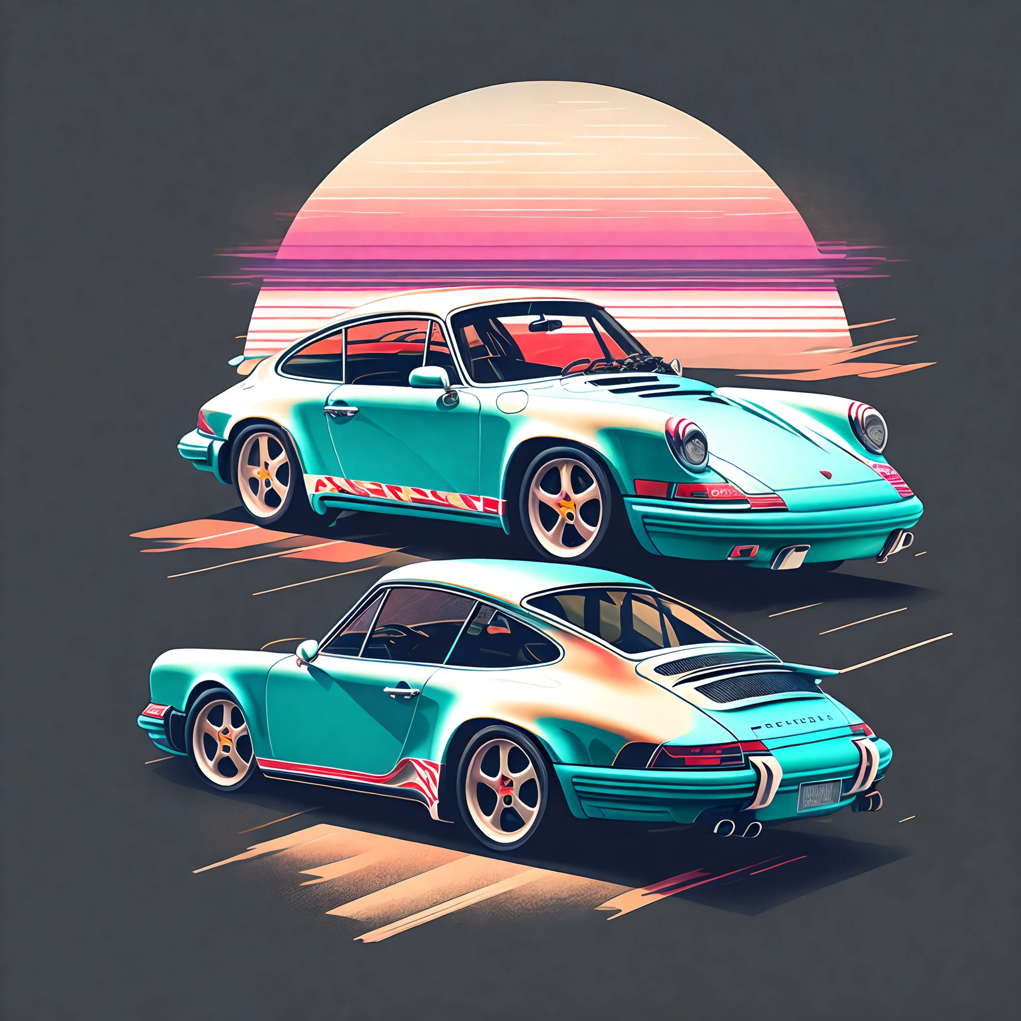 Artwork for t-shirt graphic design, a retro graphic design, porsche 911, miami street, soft four color color, vintage pastel tone, highly detailed clean, vector image, realistic masterpiece, professional photography, realistic car, simple car sunrise background, flat black background, isometric, vibrant vector