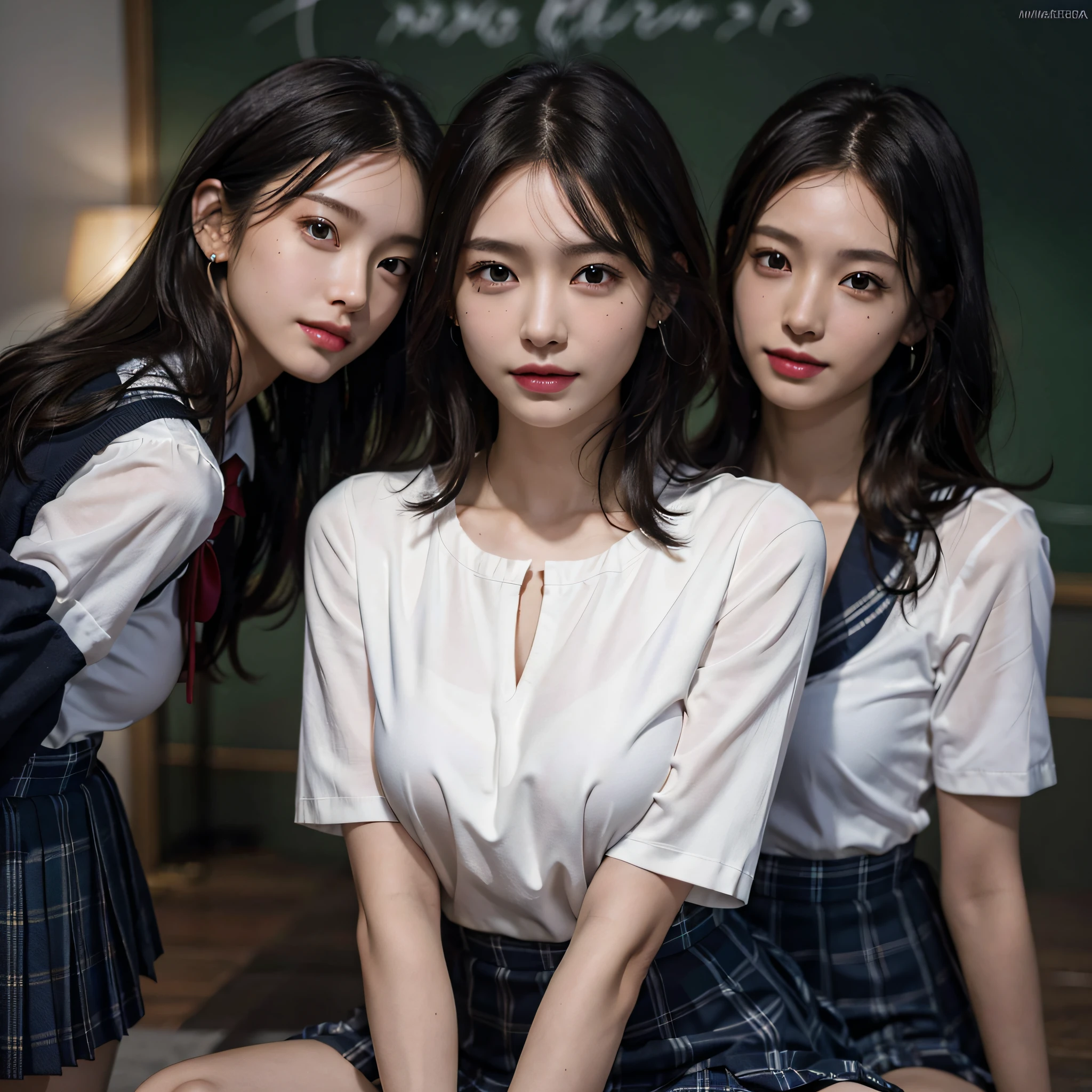 absurdres, RAW photo, extremely delicate and beautiful, masterpiece, Best Quality, ultra high resolution, 16k, hyperrealistic, ultra-detailed, Very detailed CG 8k wallpaper, Beautiful Lighting, Perfect Lightning, Realistic Shadows, perfect anatomy, super Detailed skin, perfect figure, Japanese woman, late 20s, very Slim body, narrow waist, very small head, handsome detailed woman, very detailed eyes and face, realistic face proportions, Stunning detailed eyes, Realistic beautiful face, very small face, Realistic small beautiful eyes, double eyelids, makeup, tearful mole, mole on chest, earring, bare legs, beautiful and very thin legs, beautiful and very thin thighs, (very huge round breasts:1.3), short hair, wavy hair, sweat, full body shot, (3 girls:1.5), (school uniform:1.3),