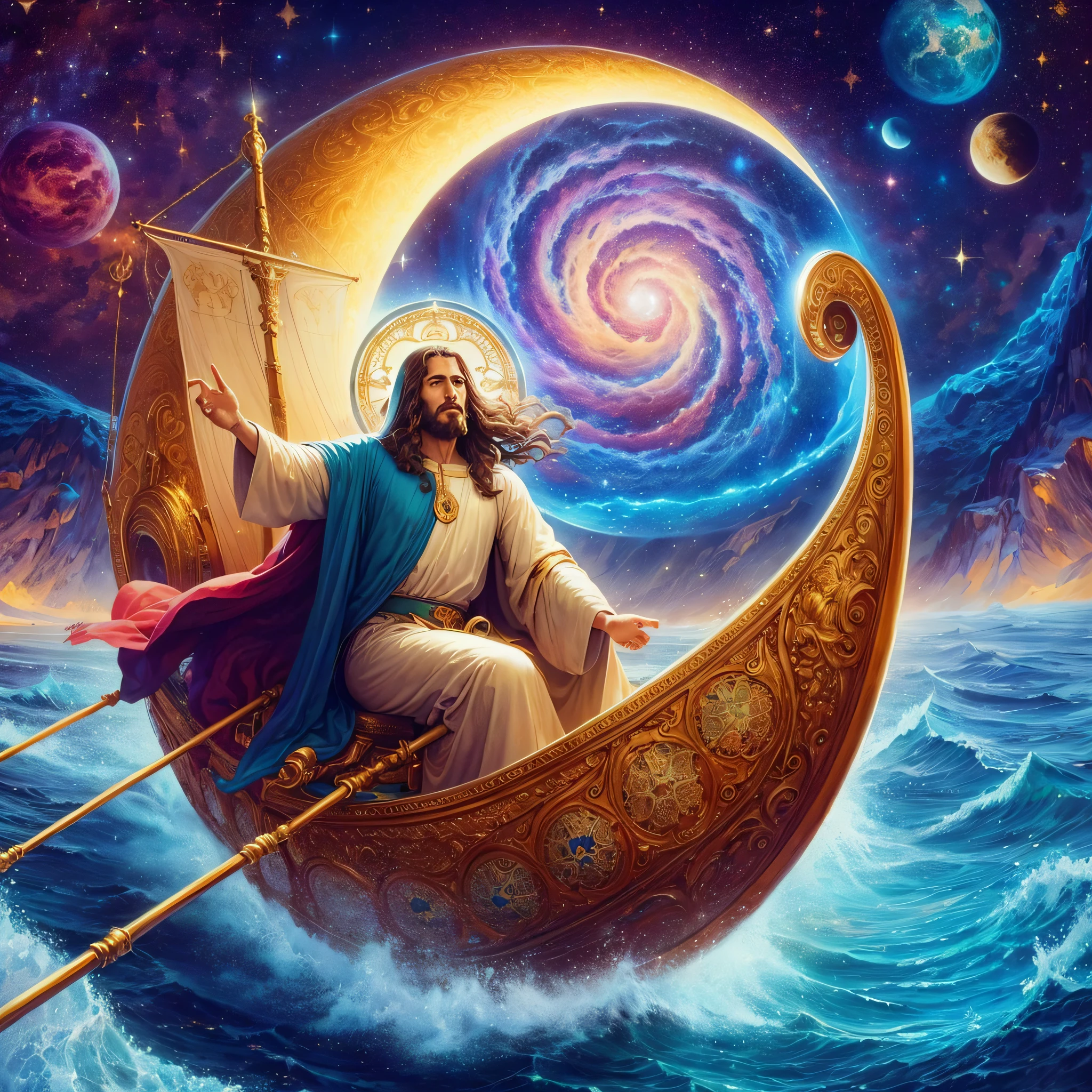 jesus christ yogi steersman gliding on the cosmic ship of crescent in the sacred mystical cosmic sea