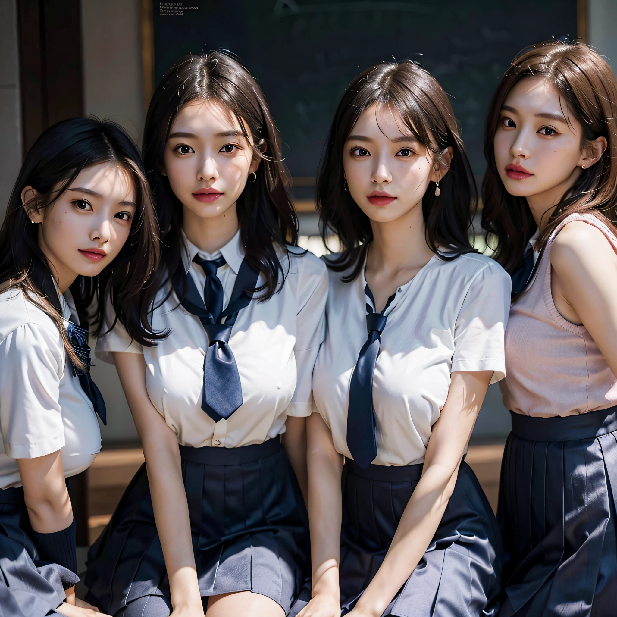 three girls in School uniforms posing on a flight of stairs, japanese School uniform, Seifuku, wearing japanese School uniform, wearing School uniform, japanese girl School uniform, JK Uniform, wearing a School uniform, High School Girls, School uniform, magic School uniform, magical school student uniform, japanese high school, two japanese schoolgirls posing, Kantai Collection Style, promo still