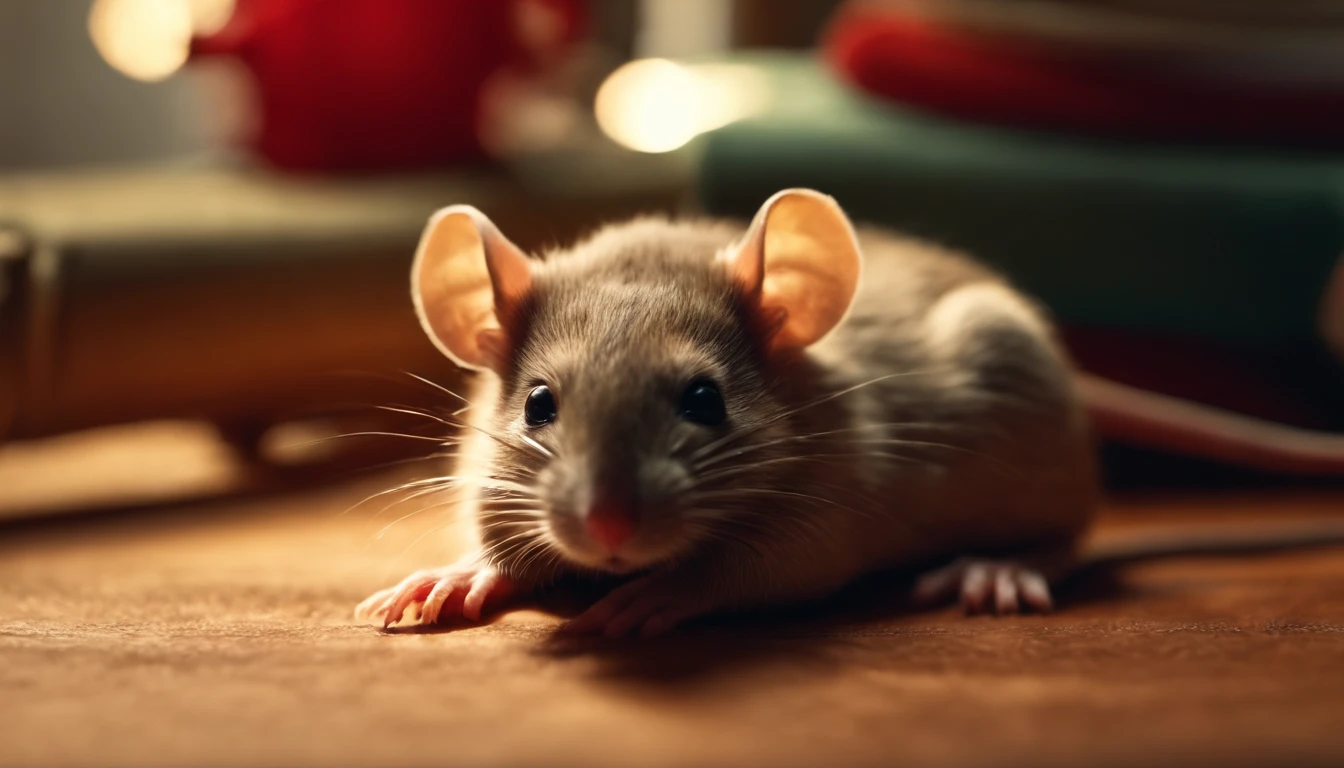 overhead view of a cute mouse laying o it's back wearing a red sweater, looking at the ceiling and deep in thought