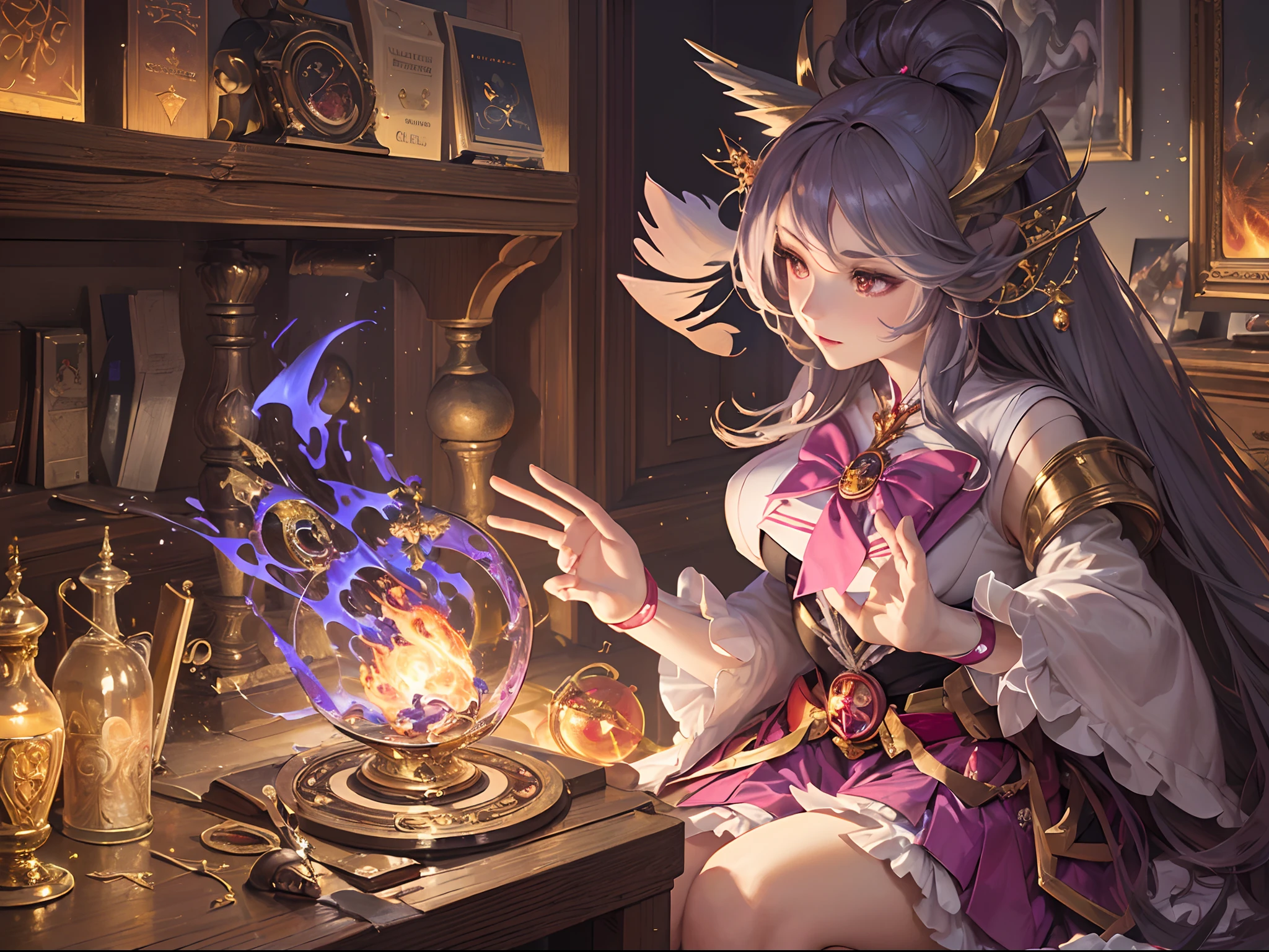 (Finest quality)),(超A high resolution),(ultra-detailliert),(Meticulous portrayal),((best pictures)),(Finest works of art),Ultra-Precision Art,The art of astounding depiction, Fantasyart:1.5,Torrent of flames, (1 Female Magical Girl:1.5),magic wands,Detailed and detailed robes,Carved runes,