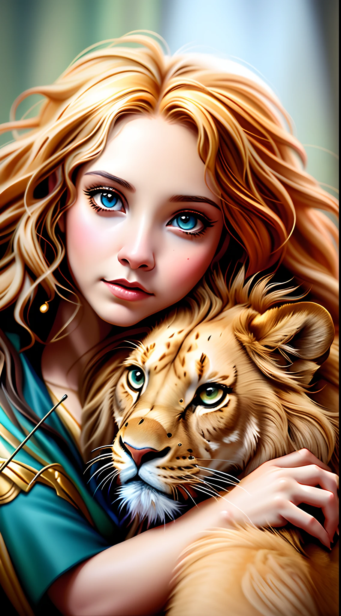 Painting of a girl hugging a lion with a lion cub, Magali Villeneuve», Graphic artist Magali Villeneuve, Directed by: Magali Villeneuve, karol bak uhd, Magali Villeneuve e Monet, pintura de fantasia realista, Amano e Karol Bak, retrato da arte da fantasia, bela arte digital, retrato bonito da arte da fantasia, lindo arte digital, Arte digital realista