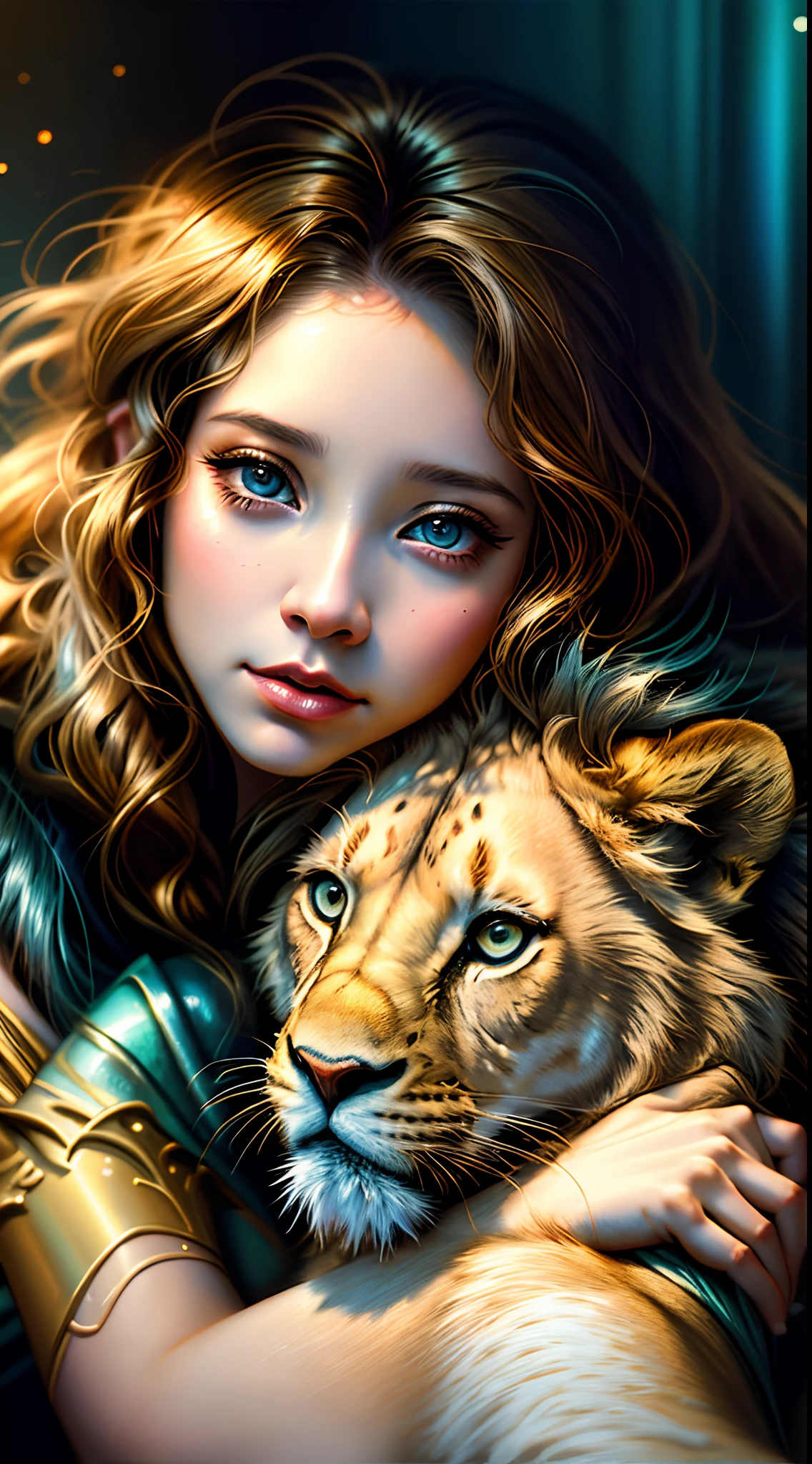 Painting of a girl hugging a lion with a lion cub, Magali Villeneuve», Graphic artist Magali Villeneuve, Directed by: Magali Villeneuve, karol bak uhd, Magali Villeneuve e Monet, pintura de fantasia realista, Amano e Karol Bak, retrato da arte da fantasia, bela arte digital, retrato bonito da arte da fantasia, lindo arte digital, arte digital realista