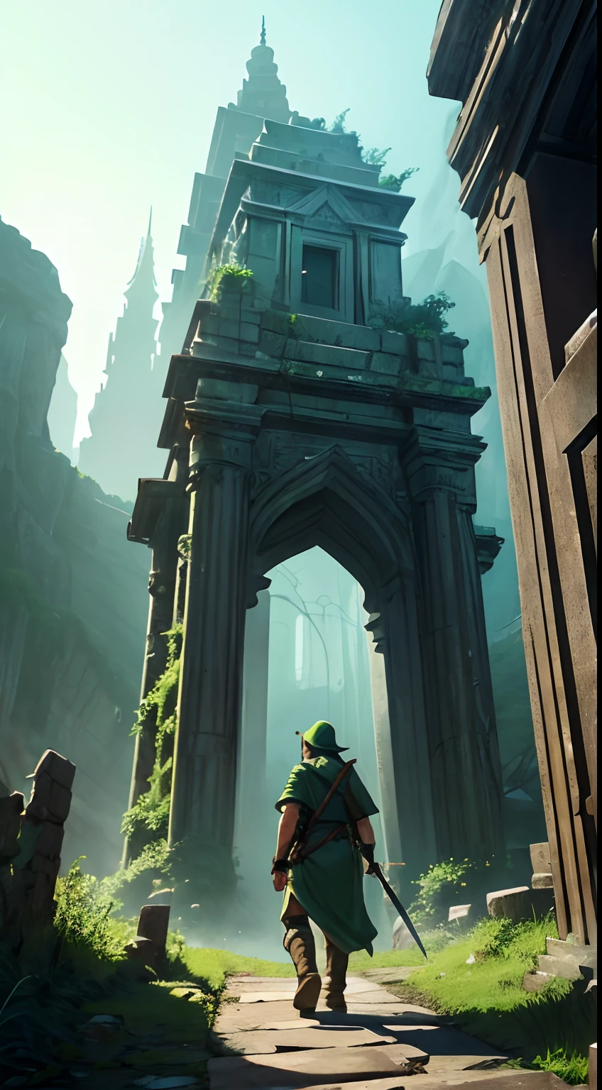 (masterpiece), best quality, 1man, ((a hero exploring an misteryous temple)) ,brave,((epic)), cinematic,is a magical florest, green ladscape, (((a green temple))), shield on back, green tunic, hat, ootLink, fingerless gloves, boots, belt, weapon on back, perfect hands, backview, from back, ootLink, shield,zelda, dungeon, florest,tall trees, dense florest, dark florest
BREAK t is a epic image, the image transmit a brave feeling, fantasy, magical, game, death,danger, dangerous, hidden danger, depth, badass, cool, wallpaper, intricate, ruins,
BREAK a men walking in a dangerous landscape, the landscape is full of muss and vegetation, there is temple in the background, is a abandonend temple, a breath taking view, the color scheme is green, the image transmit an epic and adventurous feeling, brave emotions, is a cinematic shot, the image has a mix of dark fantasy with game fantasy style,
