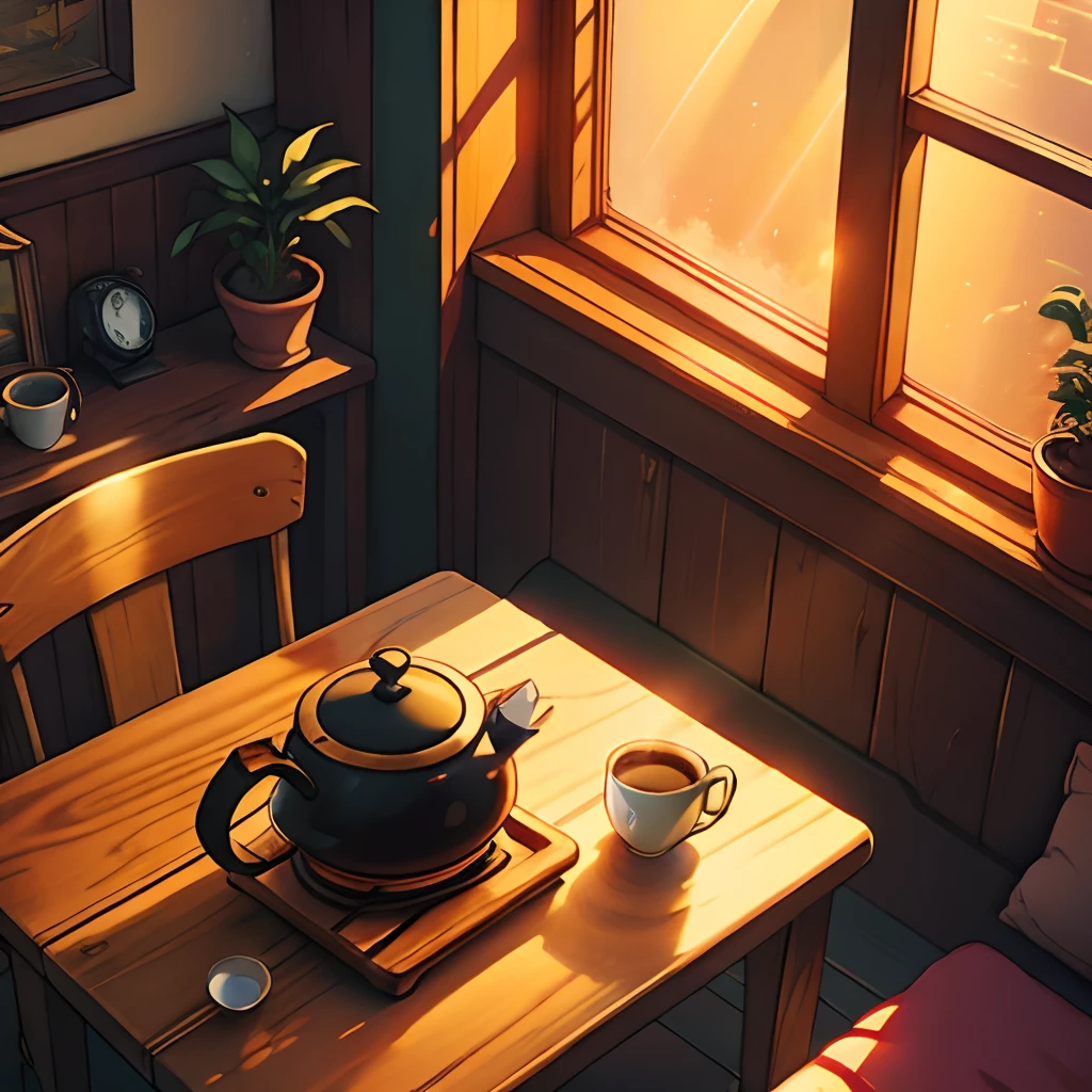 a tea of coffee on a table, in a cozy lo-fi aesthetic room, warm colors, sun rays, anime style