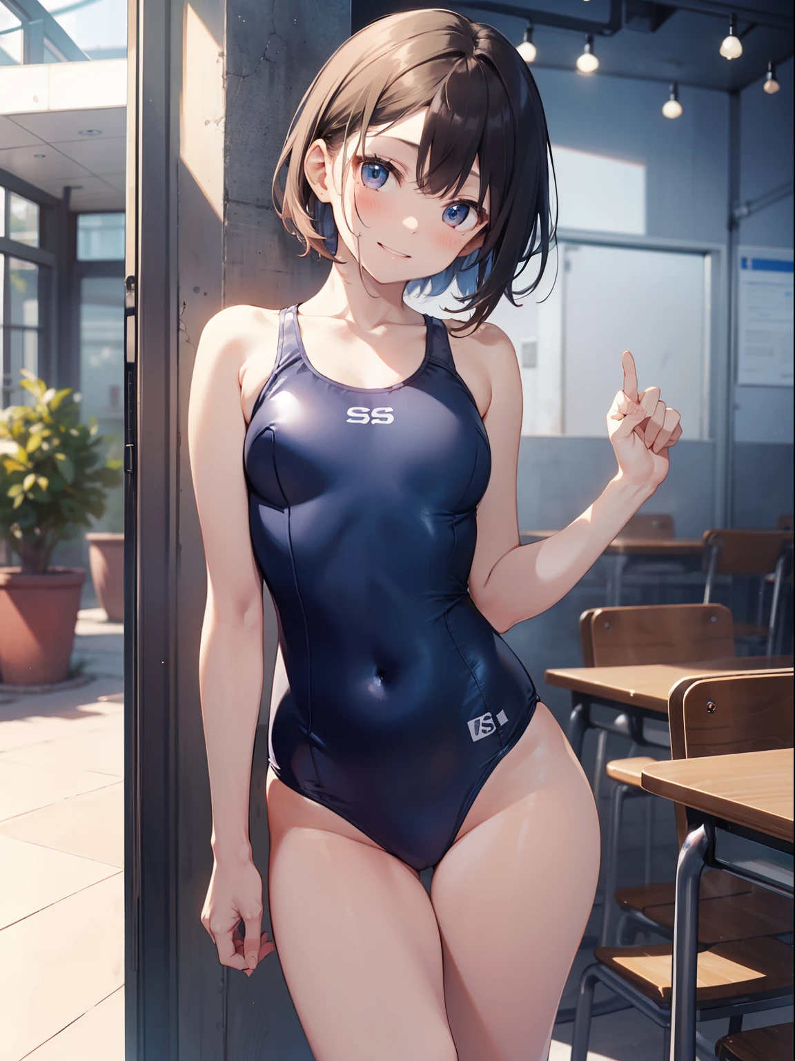 high-level image quality、top-quality、Full limbs、complete fingers、Slender beauty、1 persons、ssmile、embarassed expression、Bery short hair、Yellow School Swimsuit、Blue knee high、standingn、Grow legs、Turn around