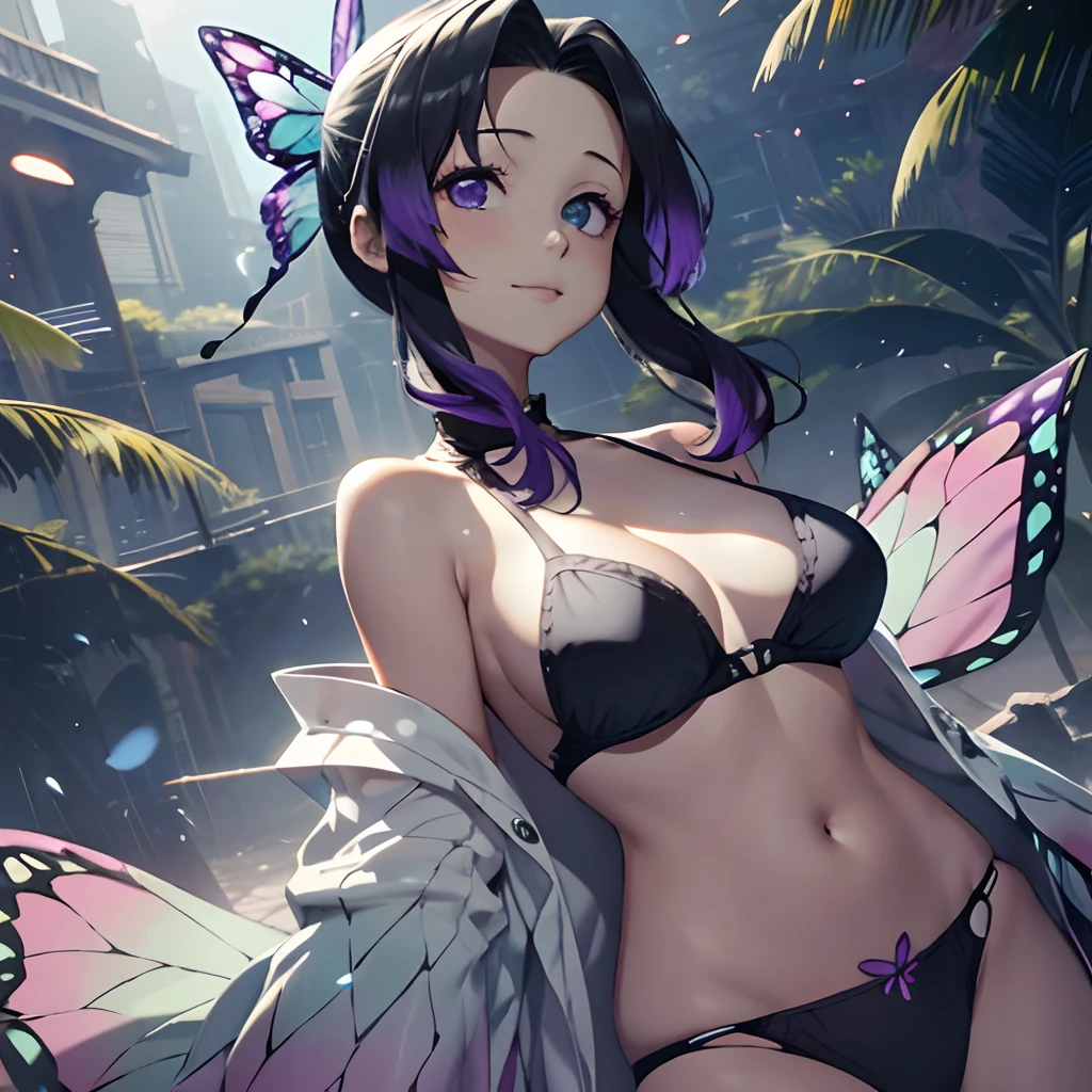 Ultra-realistic 8kCG,tmasterpiece,((hyper detailed background,delicate patterns,intricate-detail)),best qualtiy,extremely detailed man,extremely detailed eye and face,extremely detailed eye,kochou shinobu,O cabelo multicolorido,No bangs,Hair intake,Black eye,Cap,Black shirt,Black panties,(The bikini),butterflys,Strip Strip,(Trepical Garden:1.2),purple flower,Mostly cloudy sky,rays of sunshine,Tyndall effect,gradient_Heaven,faces,Beautiful sky,Saber on the waist,enchanting posture,(large full breasts:1.3),(cleaveage:1.3),(Off-the-shoulder costumes:1.5),ssmile