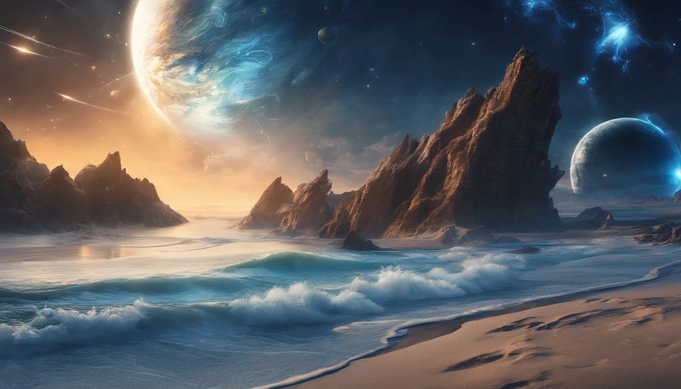 huge planet, the night, starrysky, surrealism, masutepiece, hight resolution、Impressive Milky Way:1.9、sand beach、Vast blue ocean、Blue Waves、Blue glacier、lightning bolt:1.9、Protoplanets、pure beauty