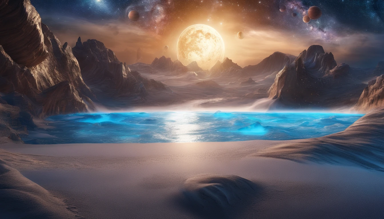 huge planet, the night, starrysky, surrealism, masutepiece, hight resolution、Impressive Milky Way:1.9、sand beach、Vast blue ocean、Blue Waves、Blue glacier、lightning bolt:1.9、Protoplanets、pure beauty