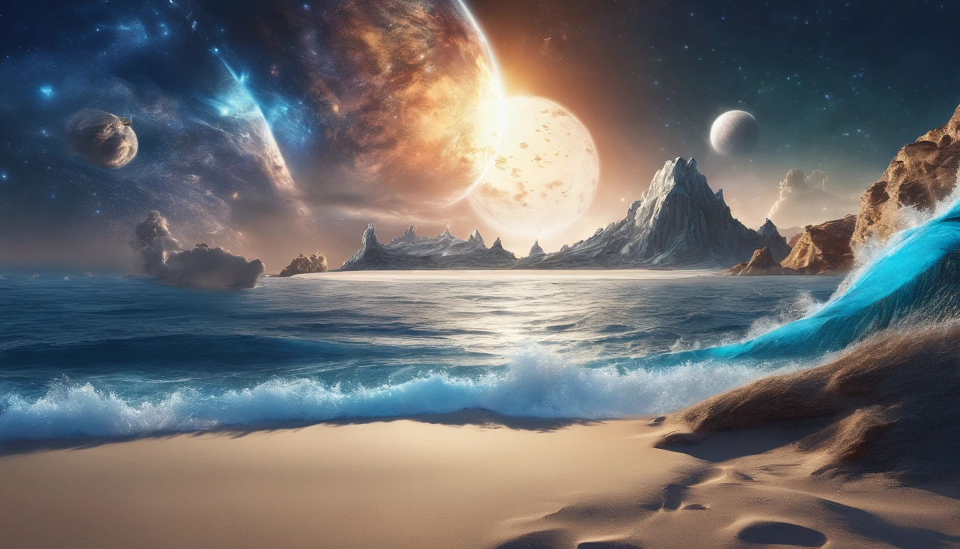 huge planet, the night, starrysky, surrealism, masutepiece, hight resolution、Impressive Milky Way:1.9、sand beach、Vast blue ocean、Blue Waves、Blue glacier、lightning bolt:1.9、Protoplanets、pure beauty