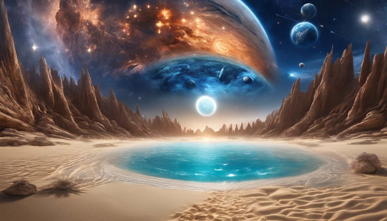 huge planet, the night, starrysky, surrealism, masutepiece, hight resolution、Impressive Milky Way:1.9、sand beach、Vast blue ocean、Blue Waves、Blue glacier、lightning bolt:1.9、Protoplanets、pure beauty