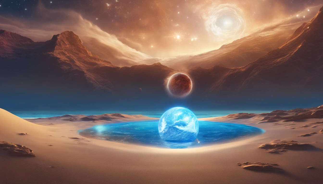 huge planet, the night, starrysky, surrealism, masutepiece, hight resolution、Impressive Milky Way:1.9、sand beach、Vast blue ocean、Blue Waves、Blue glacier、lightning bolt:1.9、Protoplanets、pure beauty