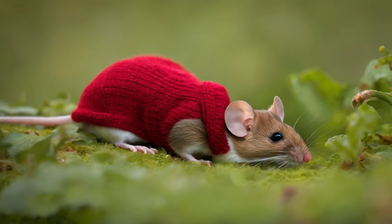 mouse laying on it's back wearing red sweater