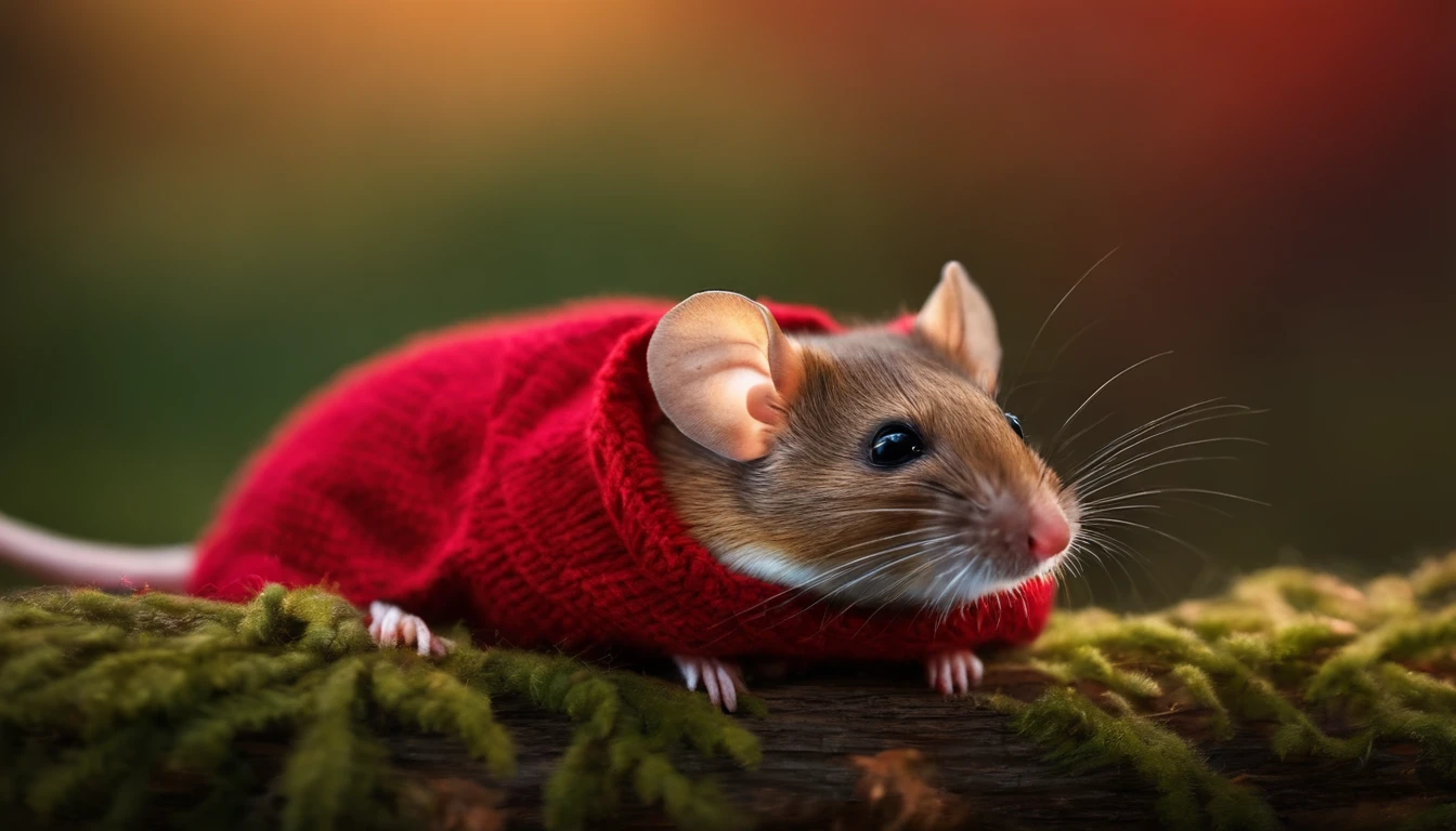 mouse laying on it's back wearing red sweater