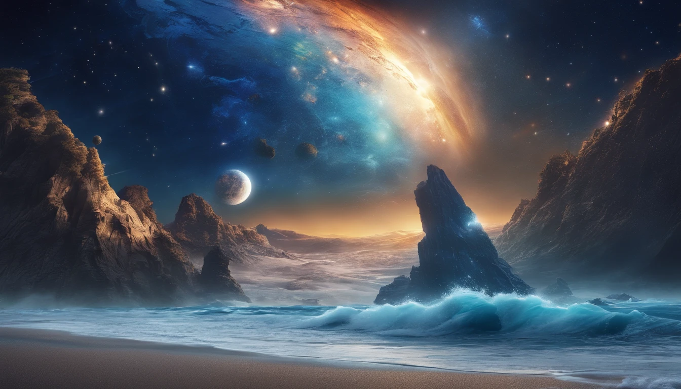 huge planet, the night, starrysky, surrealism, masutepiece, hight resolution、Impressive Milky Way:1.9、sand beach、Vast blue ocean、Blue Waves、Blue glacier、lightning bolt:1.9、Protoplanets、pure beauty