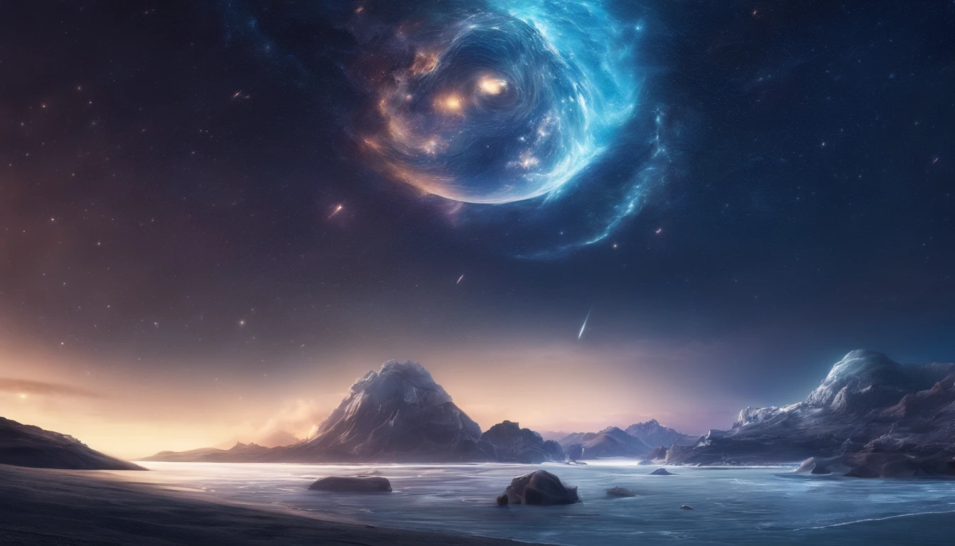 huge planet, the night, starrysky, surrealism, masutepiece, hight resolution、Impressive Milky Way:1.9、sand beach、Vast blue ocean、Blue Waves、Blue glacier、lightning bolt:1.9、Protoplanets、pure beauty