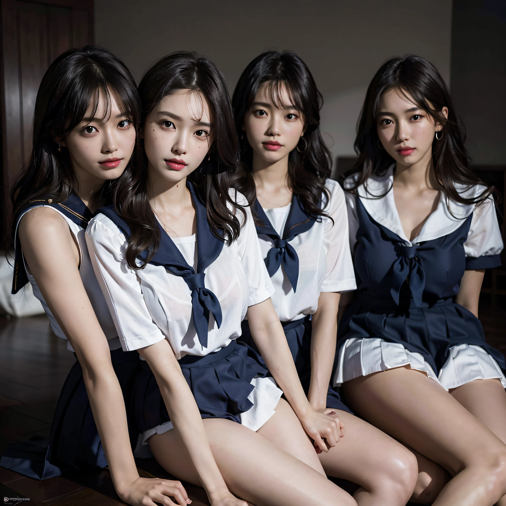 absurdres, RAW photo, extremely delicate and beautiful, masterpiece, Best Quality, ultra high resolution, 16k, hyperrealistic, ultra-detailed, Very detailed CG 8k wallpaper, Beautiful Lighting, Perfect Lightning, Realistic Shadows, perfect anatomy, super Detailed skin, perfect figure, Japanese woman, late 20s, very Slim body, narrow waist, very small head, handsome detailed woman, very detailed eyes and face, realistic face proportions, Stunning detailed eyes, Realistic beautiful face, very small face, Realistic small beautiful eyes, double eyelids, makeup, tearful mole, mole on chest, earring, bare legs, beautiful and very thin legs, beautiful and very thin thighs, (very huge round breasts:1.3), short hair, wavy hair, sweat, full body shot, (3 girls:1.5), (sailor suit:1.3),