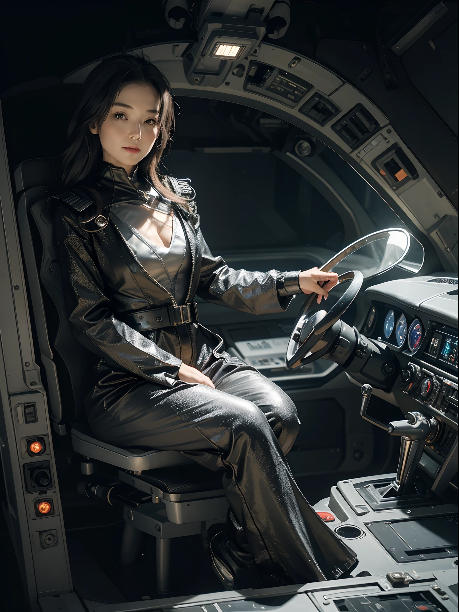 Outstanding picture quality, outstanding details, Ultra-high resolution, (Realism: 1.4), ((close up:0.75)), the best illustration, favor details, Highly concentrated for 1 young woman, beautiful and delicate face, Perfectly proportioned, (Slim:0.3, little chest), (Wear a tight-fitting suit, monolithic, monochrome silver Starfleet jumpsuit, Costume color: Metallic silver, The captain's bridge of the spaceship in the background, Spacecraft control panel, sci-fi