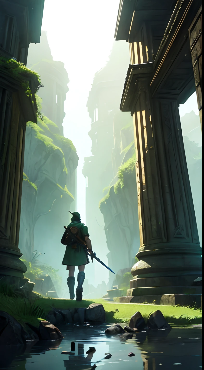 (masterpiece), best quality,  1man, ((a hero exploring an misteryous temple)) ,brave,((epic)), cinematic,is a magical florest, green ladscape, (((a green temple))), shield on back, green tunic, hat, ootLink, fingerless gloves, boots, belt, weapon on back, perfect hands, backview, from back, ootLink, shield,zelda, dungeon, florest,tall trees, dense florest, dark florest

BREAK t is a epic image, the image transmit a brave feeling,  fantasy, magical, game, death,danger, dangerous, hidden danger, depth, badass, cool, wallpaper, intricate, ruins,

BREAK a men walking in a dangerous landscape, the landscape is full of muss and vegetation, there is temple in the background, is a abandonend temple, a breath taking view, the color scheme is green,  the image transmit an epic and adventurous feeling, brave emotions, is a cinematic shot, the image has a mix of dark fantasy with game fantasy style,