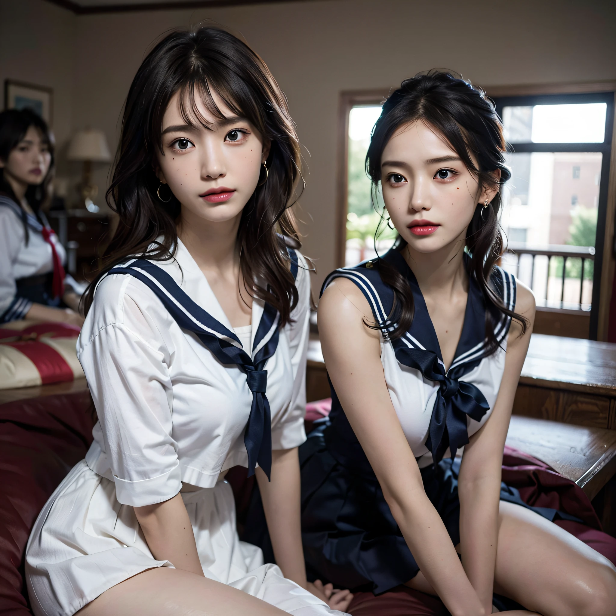 absurdres, RAW photo, extremely delicate and beautiful, masterpiece, Best Quality, ultra high resolution, 16k, hyperrealistic, ultra-detailed, Very detailed CG 8k wallpaper, Beautiful Lighting, Perfect Lightning, Realistic Shadows, perfect anatomy, super Detailed skin, perfect figure, Japanese woman, late 20s, very Slim body, narrow waist, very small head, handsome detailed woman, very detailed eyes and face, realistic face proportions, Stunning detailed eyes, Realistic beautiful face, very small face, Realistic small beautiful eyes, double eyelids, makeup, tearful mole, mole on chest, earring, bare legs, beautiful and very thin legs, beautiful and very thin thighs, (very huge round breasts:1.3), short hair, wavy hair, sweat, full body shot, (3 girls:1.5), (sailor suit:1.3),