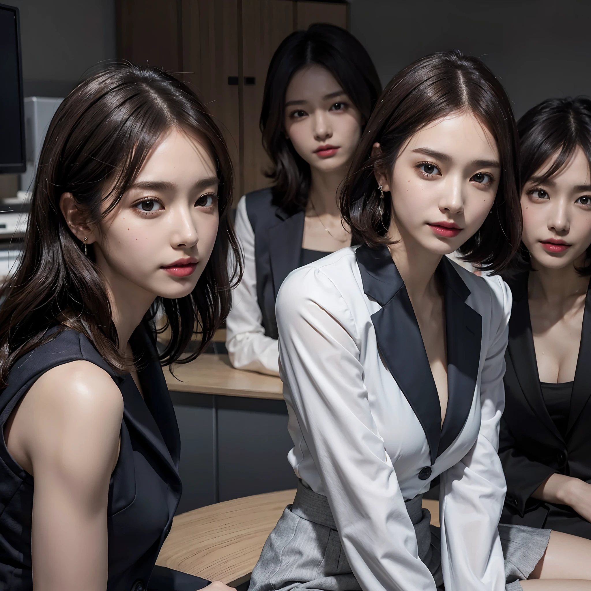 , RAW photo, Extremely delicate and beautiful, Masterpiece, Best quality, 超高分辨率, 16k, Hyperrealistic, Ultra-detailed, Very detailed CG 8k wallpaper, Beautiful lighting, Perfect lightning, Realistic shadows, Perfect anatomy, Super detailed skin, Perfect figure, Japanese woman, in her 20s, Very slim body, Narrow waist, Very small head, handsome detailed woman, Very detailed eyes and face, Realistic face proportions, Stunning detailed eyes, Realistic beautiful face, Very small face, Realistic little beautiful eyes, Double eyelids, Makeup, tearful mole, a mole on chest, earring, Bare legs, Beautiful and very thin legs, Beautiful and very thin thighs, (very large round breasts:1.3), Short hair, Wavy hair, Sweat, (3 girls:1.5), (office lady suit:1.3), (skirt suit), (blazer jacket), (blouse),