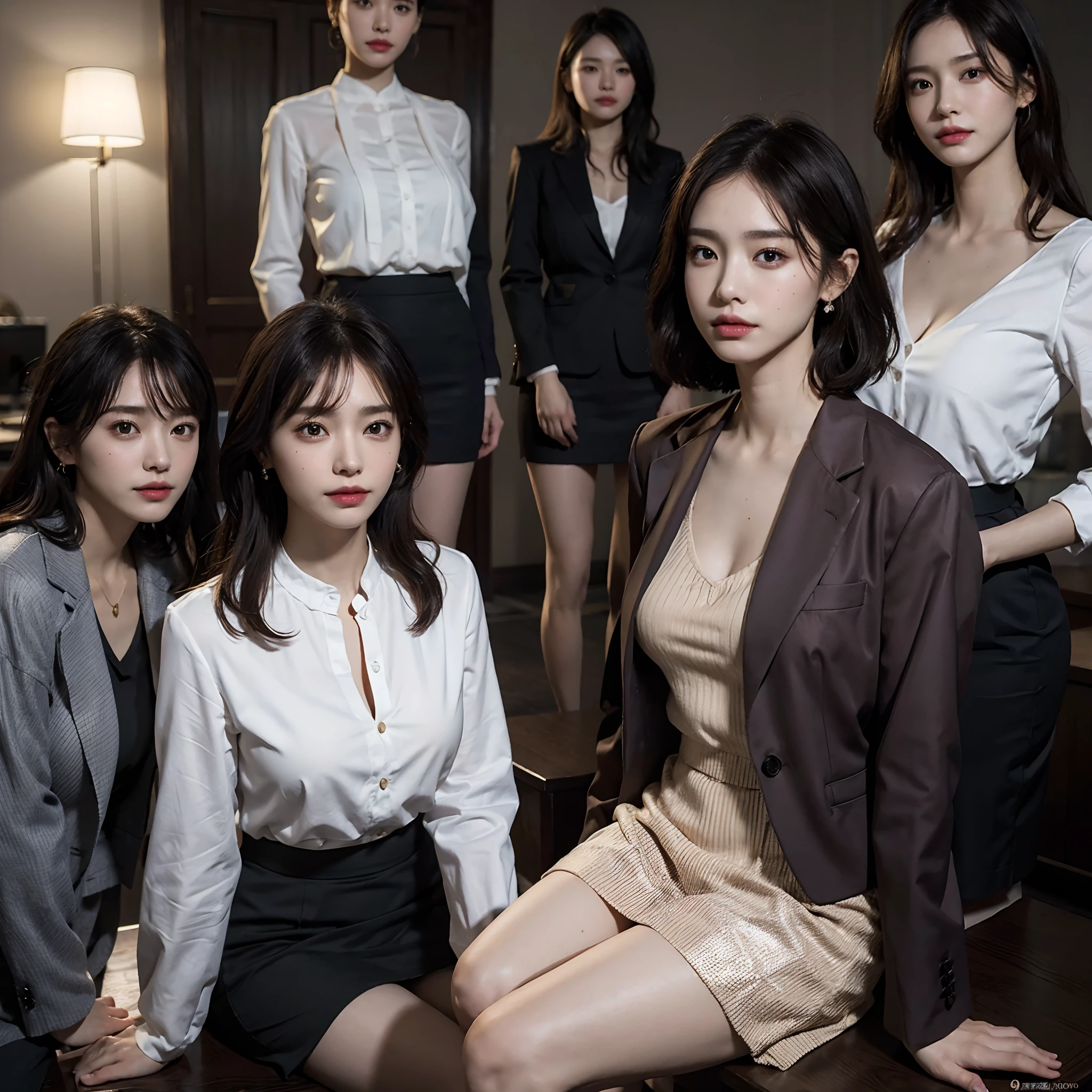 , RAW photo, Extremely delicate and beautiful, Masterpiece, Best quality, 超高分辨率, 16k, Hyperrealistic, Ultra-detailed, Very detailed CG 8k wallpaper, Beautiful lighting, Perfect lightning, Realistic shadows, Perfect anatomy, Super detailed skin, Perfect figure, Japanese woman, in her 20s, Very slim body, Narrow waist, Very small head, handsome detailed woman, Very detailed eyes and face, Realistic face proportions, Stunning detailed eyes, Realistic beautiful face, Very small face, Realistic little beautiful eyes, Double eyelids, Makeup, tearful mole, a mole on chest, earring, Bare legs, Beautiful and very thin legs, Beautiful and very thin thighs, (very large round breasts:1.3), Short hair, Wavy hair, Sweat, (3 girls:1.5), (office lady suit:1.3), (skirt suit), (blazer jacket), (blouse),