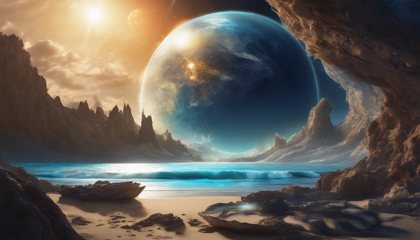 huge planet, the night, starrysky, surrealism, masutepiece, hight resolution、Impressive Milky Way:1.9、sand beach、Vast blue ocean、Blue Waves、Blue glacier、lightning bolt:1.9、Protoplanets、pure beauty