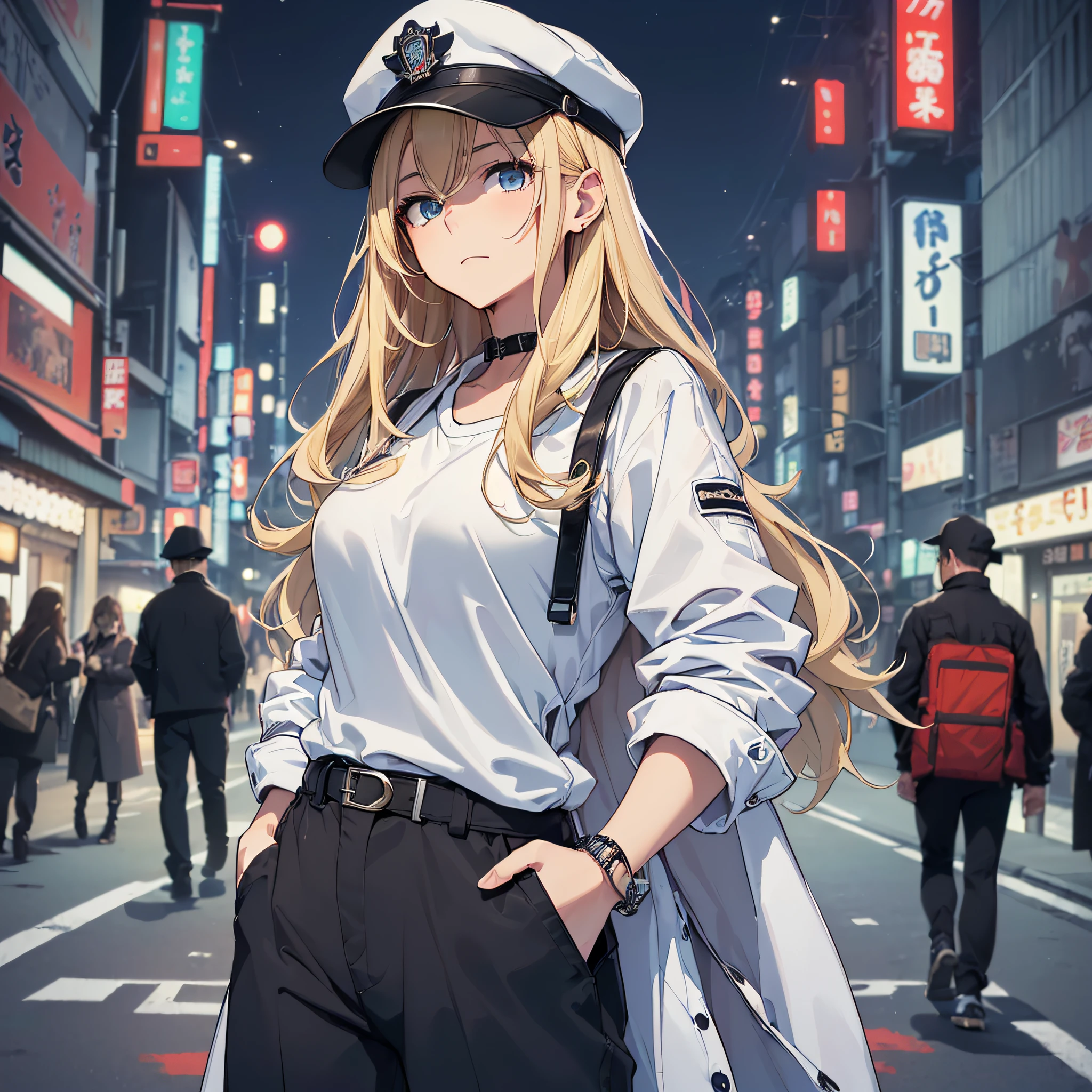 topquality、Outstanding picture quality、tmasterpiece、Girl with((18 years、White Open Y-T-shirt、Deer Hunter Hat、Stylish long coat、Black pants、Best Bust、Bust 85、blonde woman、long haired、blue eyes、open chest wide、Valley、happiness、Black bracelet on the wrist、well-proportioned、耳Nipple Ring、The Wind Is Blowing,Put your hands in your pockets、Close to the viewer、Cool facial expression))hiquality、Film Style、Background from((Tokyo at night、murder scene))、depth(Police、Police cars、Fire、Ambulance、Paramedic)masutepiece、Cool style、Thoughtful design
